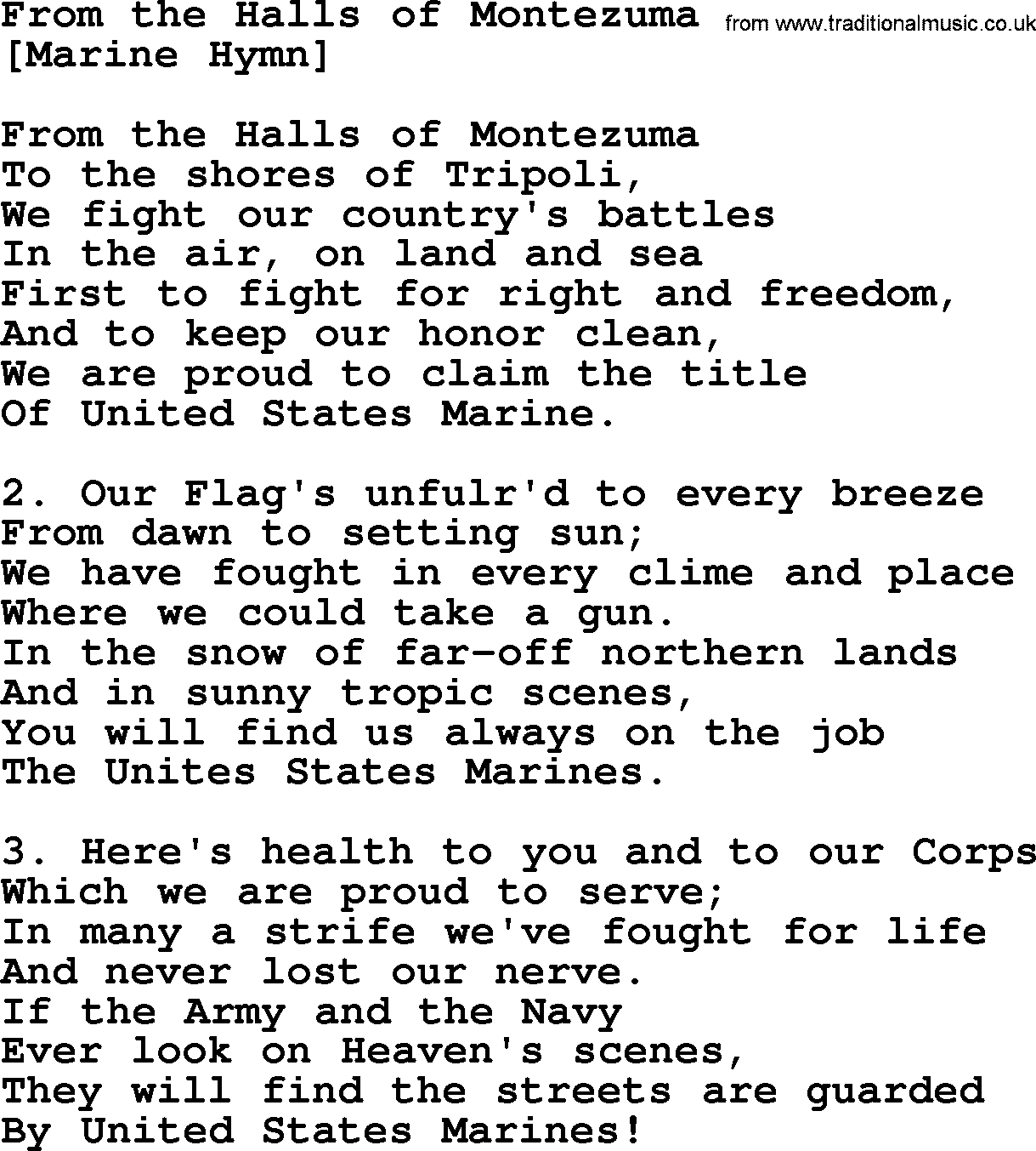 Old American Song: From The Halls Of Montezuma, lyrics