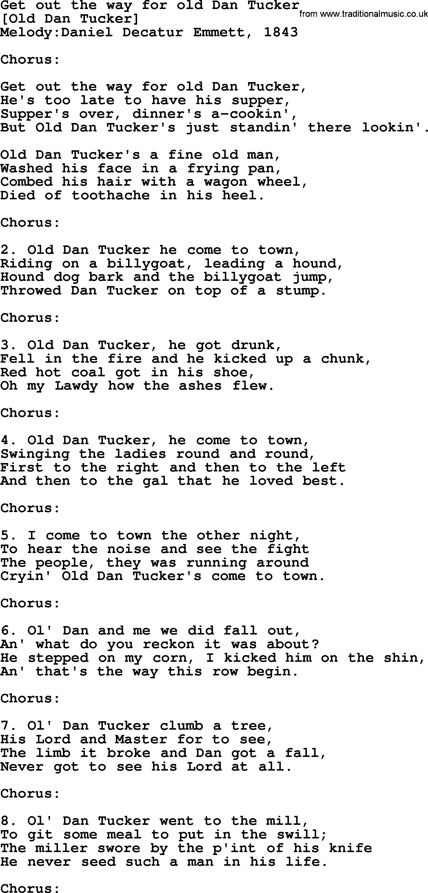Old American Song: Get Out The Way For Old Dan Tucker, lyrics