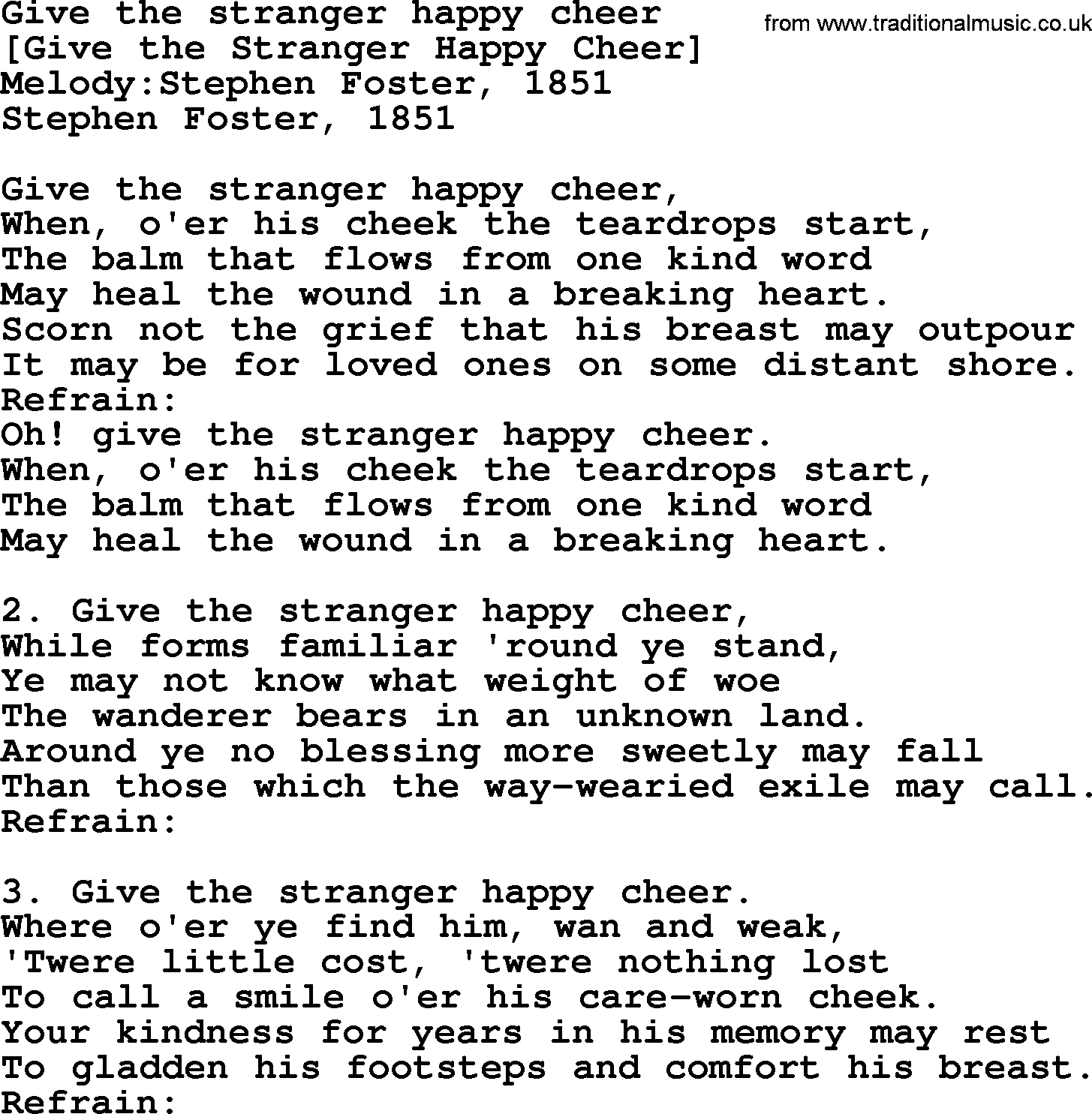 Old American Song: Give The Stranger Happy Cheer, lyrics
