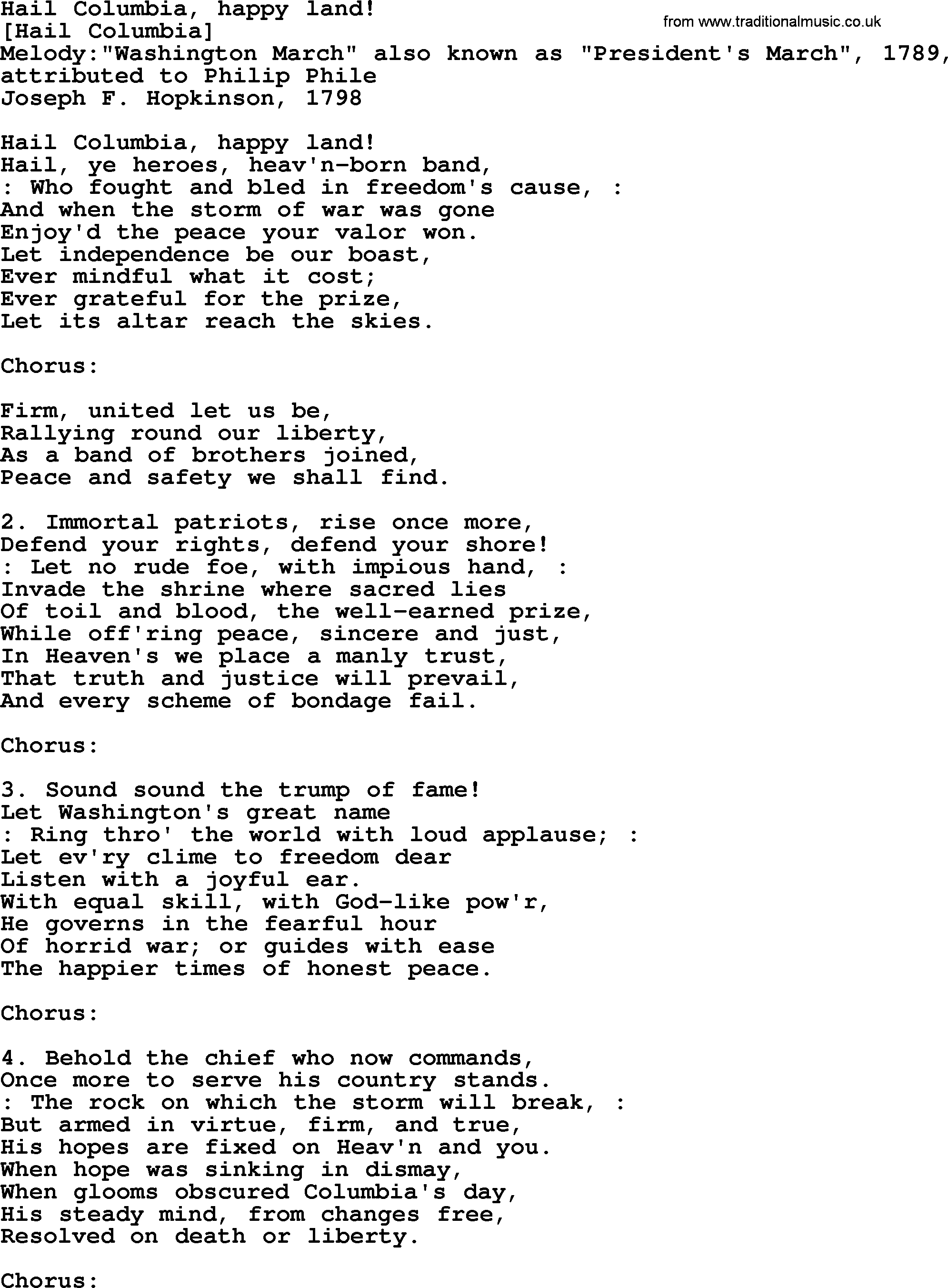 Old American Song: Hail Columbia, Happy Land!, lyrics