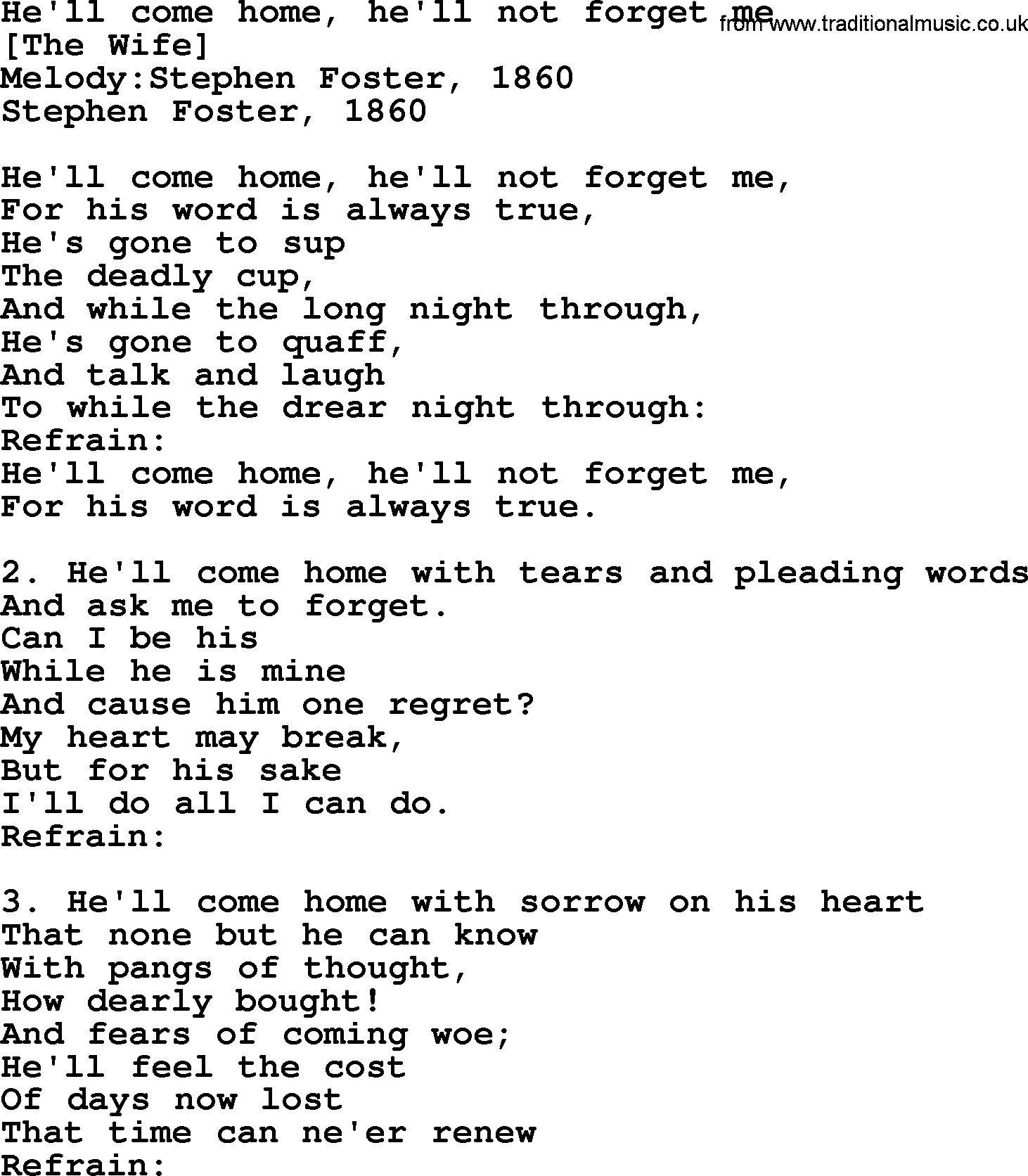 Old American Song Lyrics For He Ll Come Home He Ll Not Forget Me With Pdf