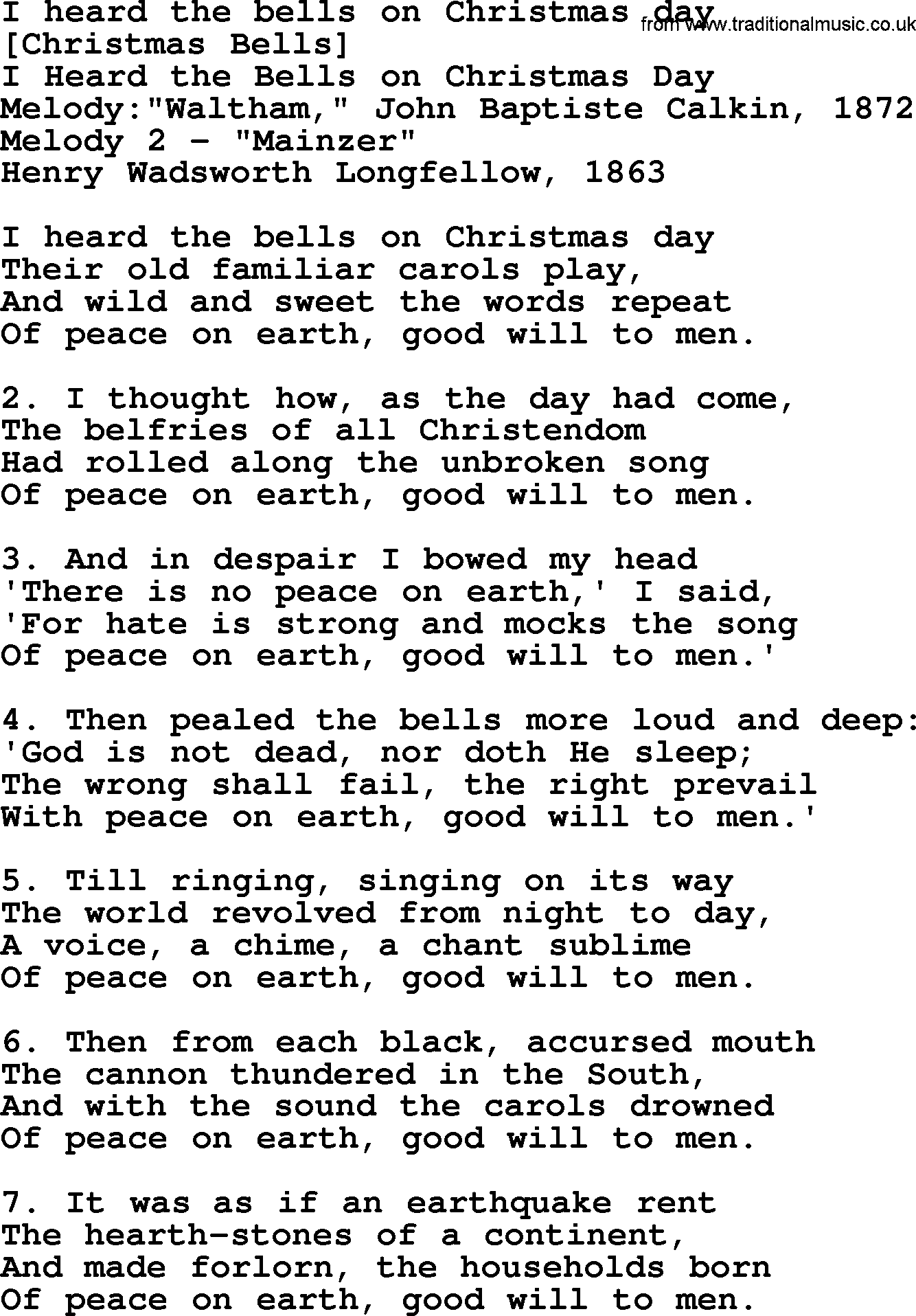 Old American Song: I Heard The Bells On Christmas Day, lyrics