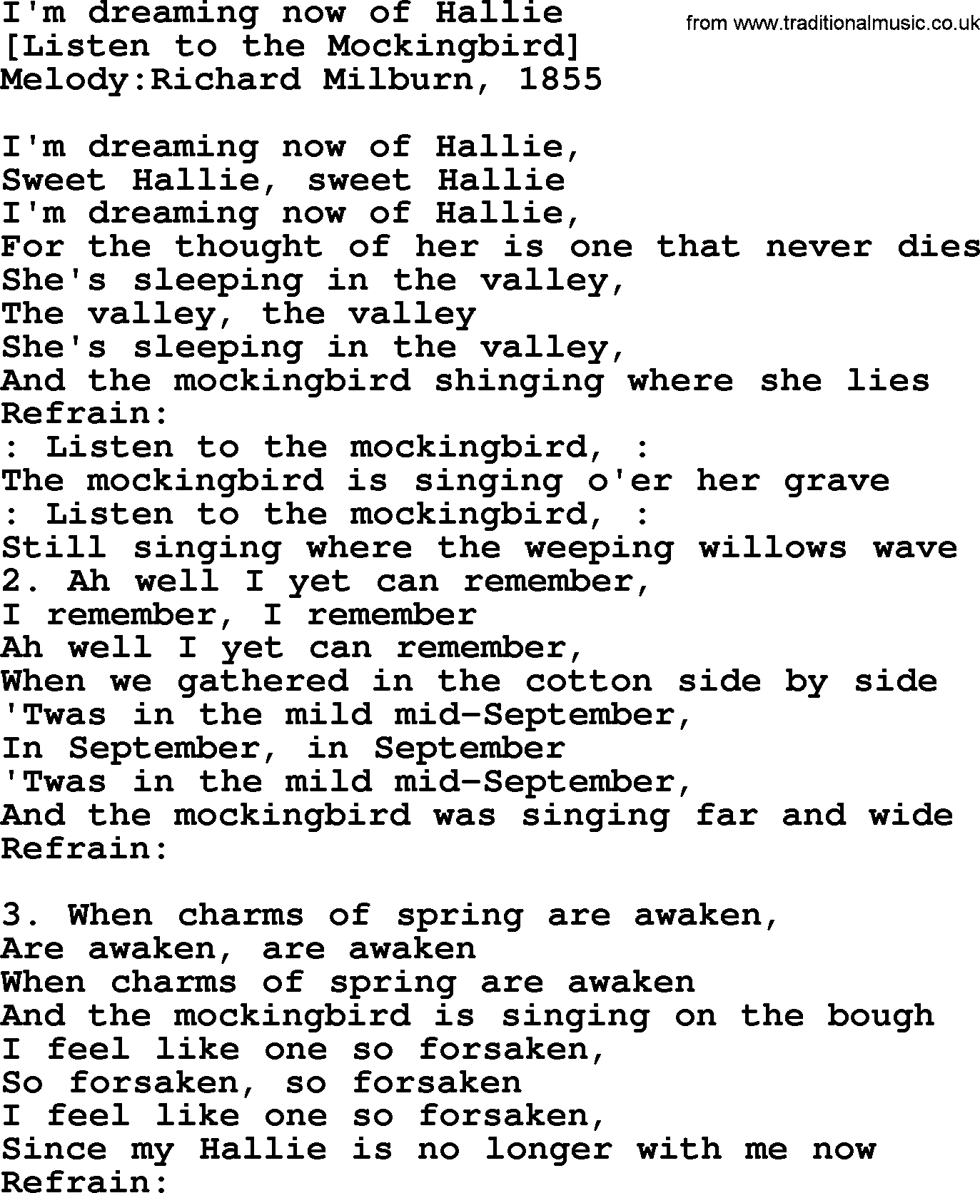 Old American Song: I'm Dreaming Now Of Hallie, lyrics