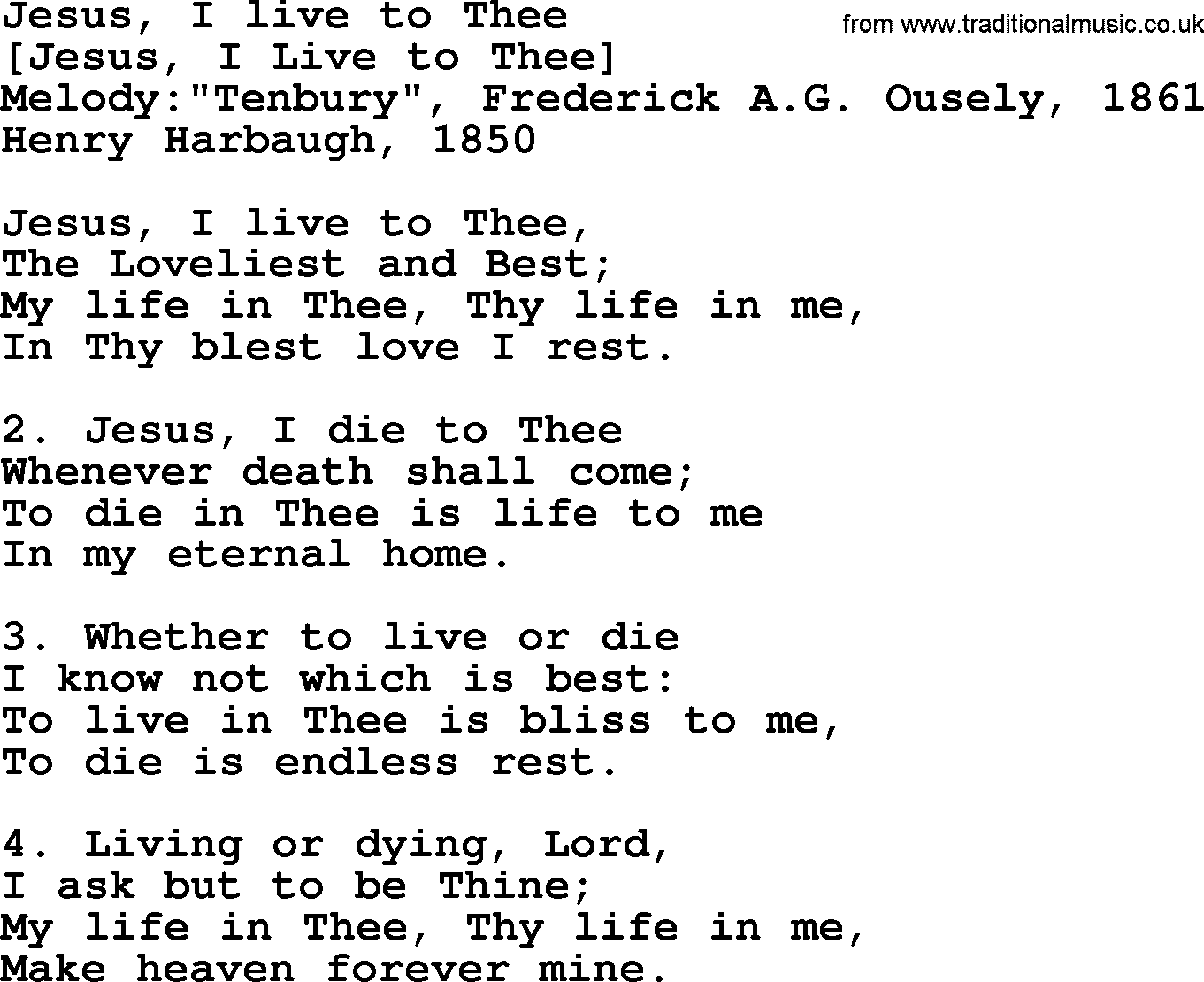 Old American Song: Jesus, I Live To Thee, lyrics