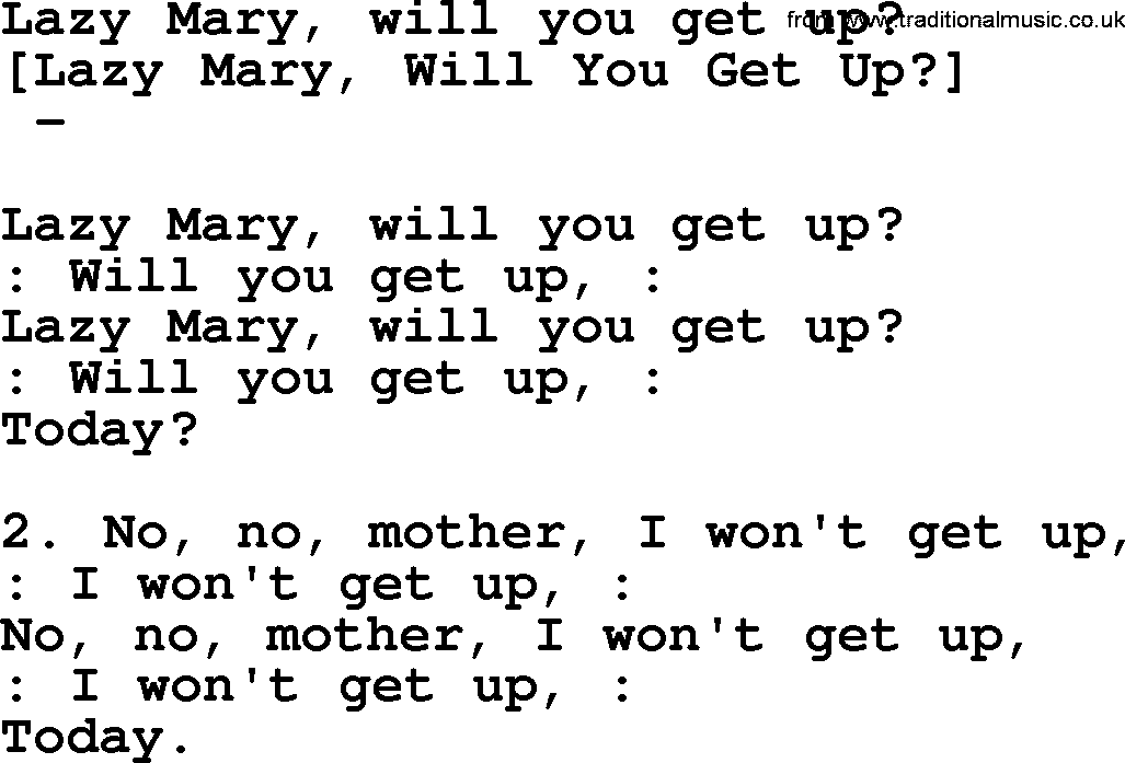 Old American Song: Lazy Mary, Will You Get Up, lyrics