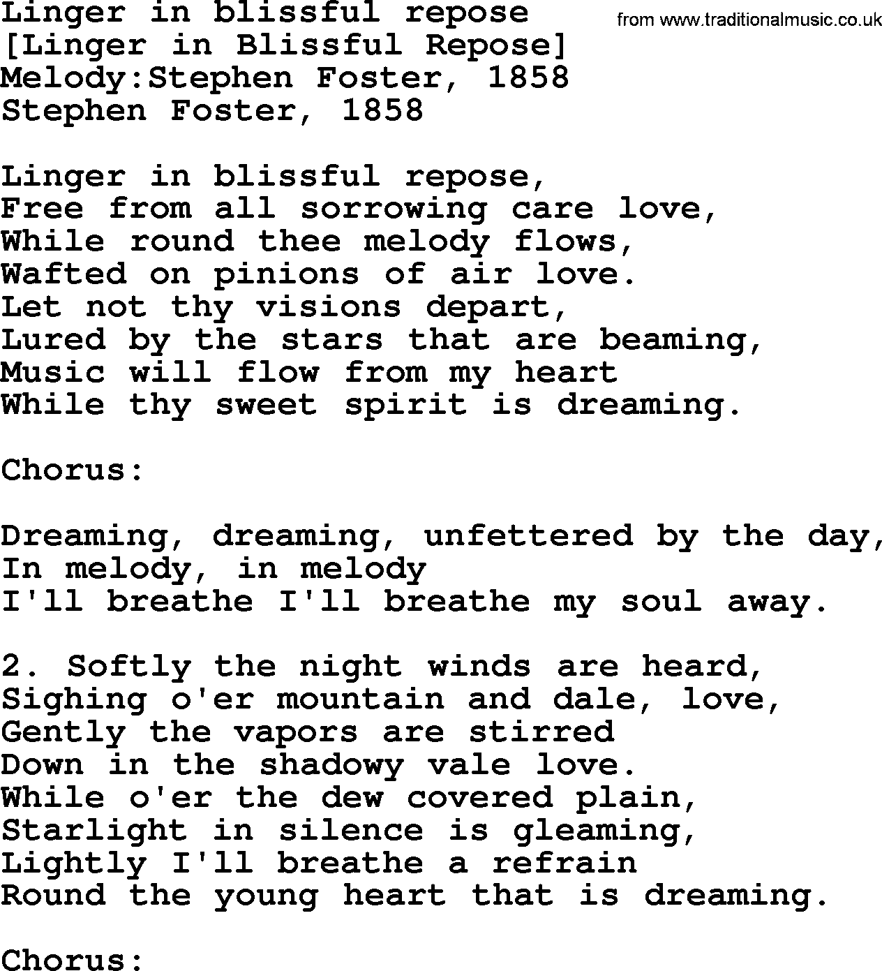 Old American Song: Linger In Blissful Repose, lyrics
