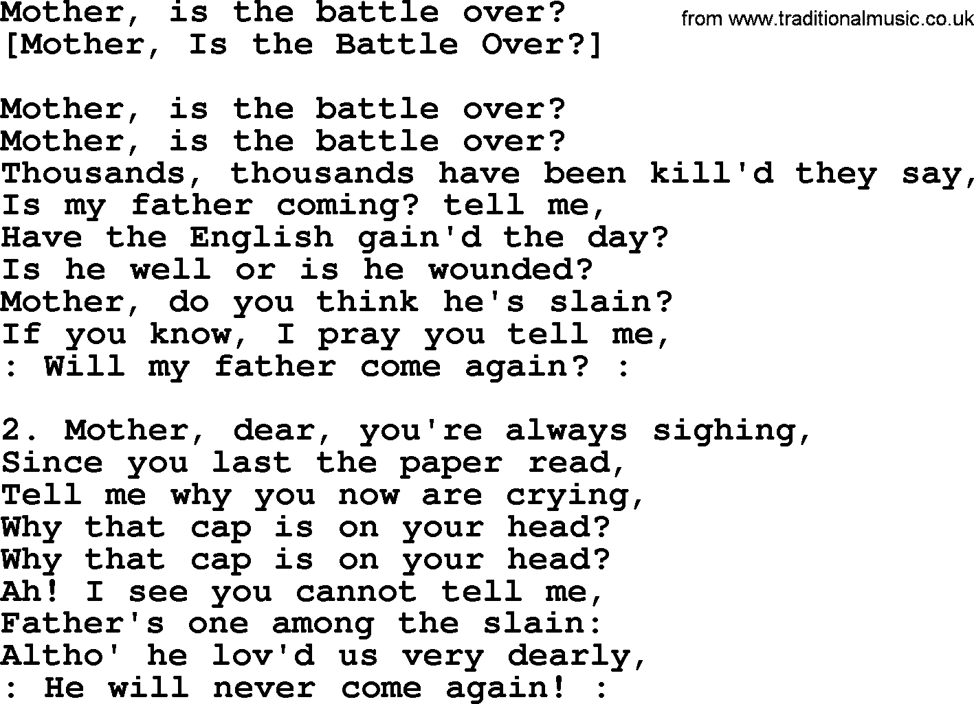Old American Song: Mother, Is The Battle Over, lyrics