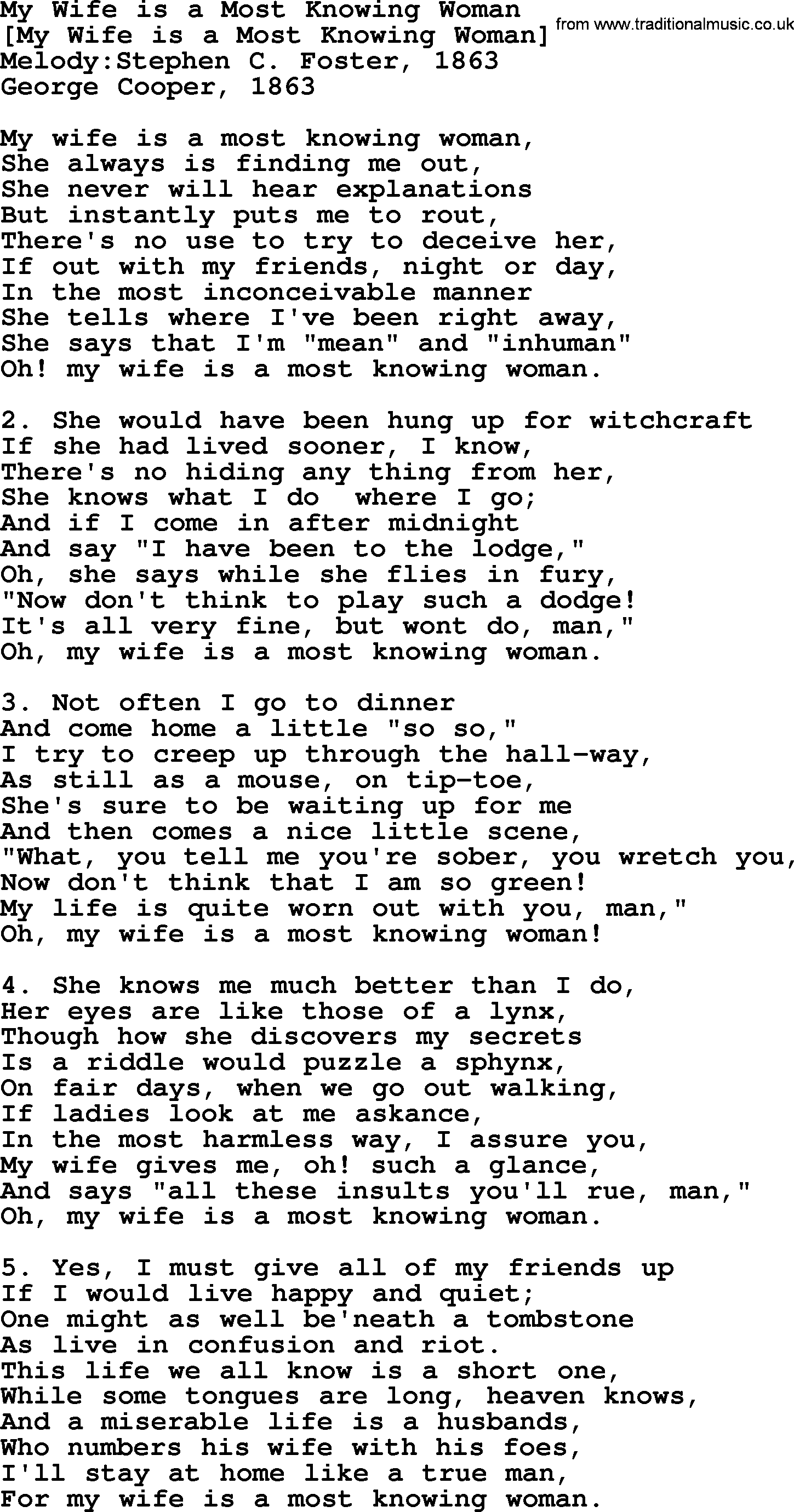 Old American Song: My Wife Is A Most Knowing Woman, lyrics