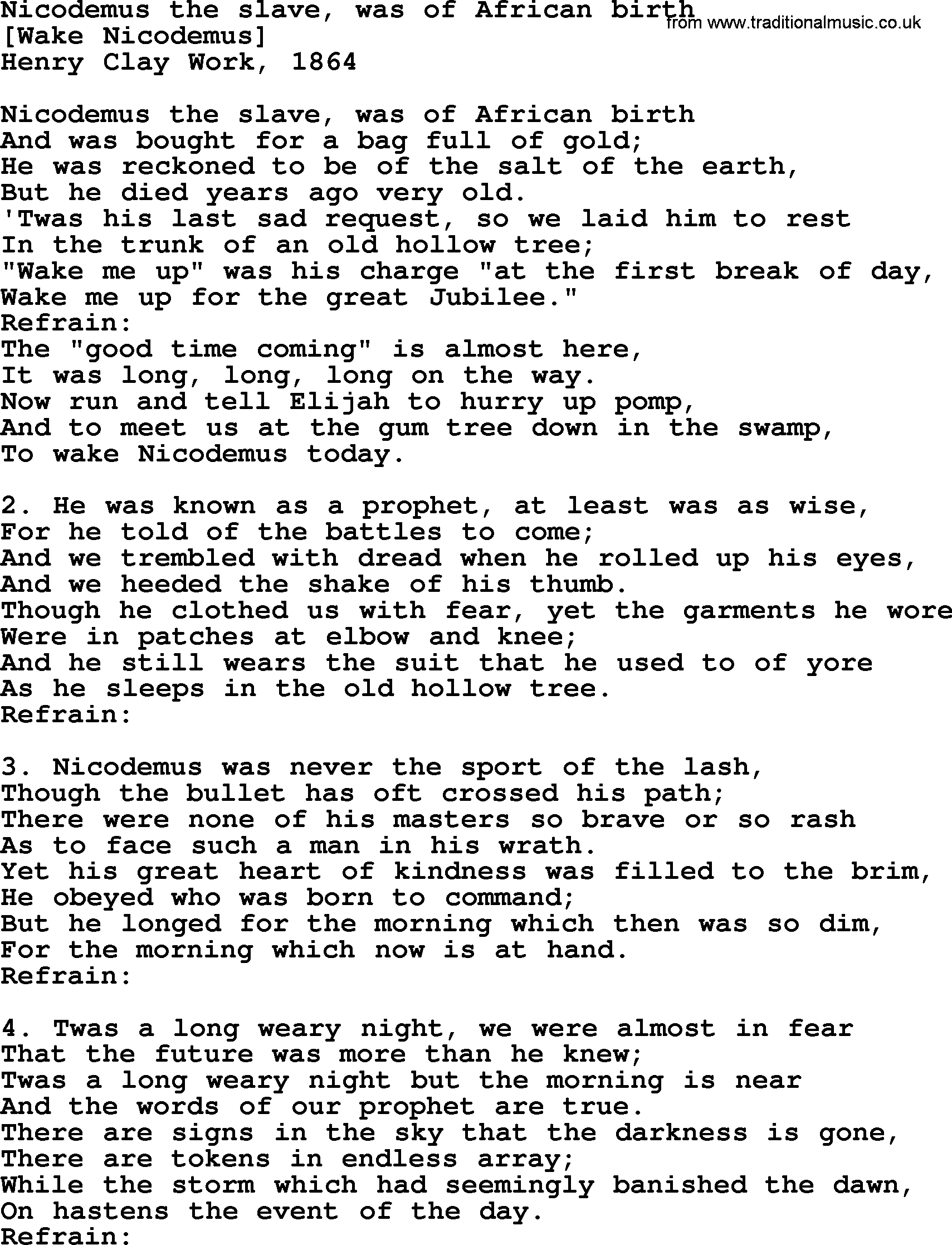 Old American Song: Nicodemus The Slave, Was Of African Birth, lyrics