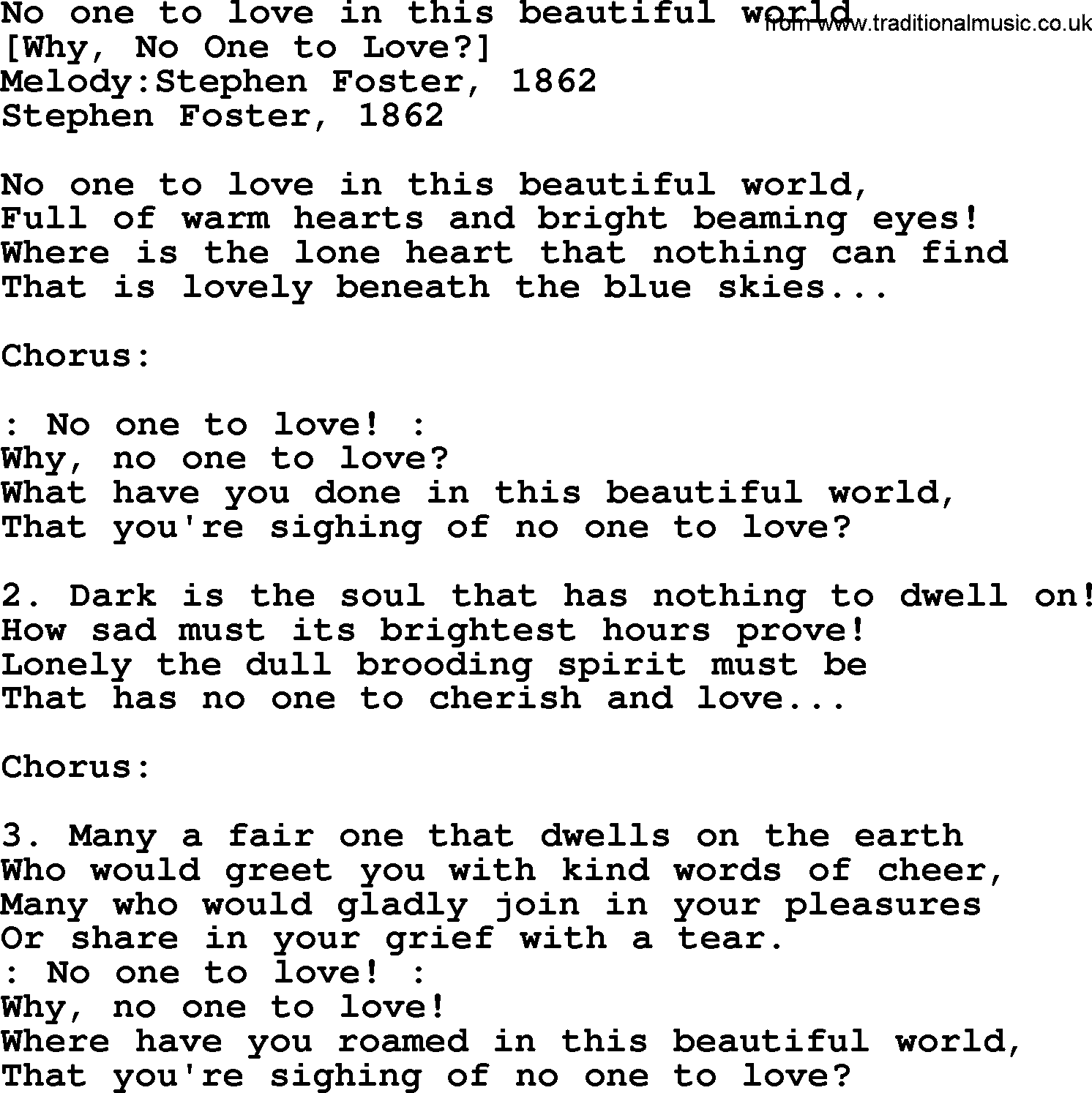 Old American Song: No One To Love In This Beautiful World, lyrics