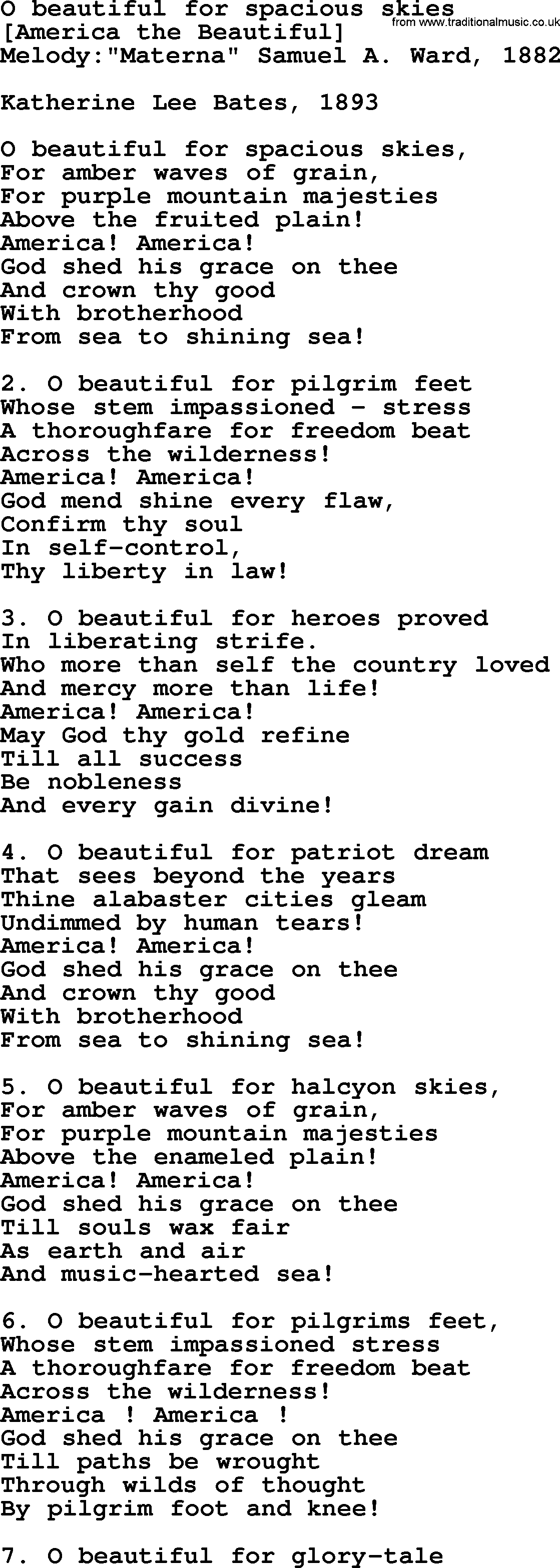 Old American Song: O Beautiful For Spacious Skies, lyrics