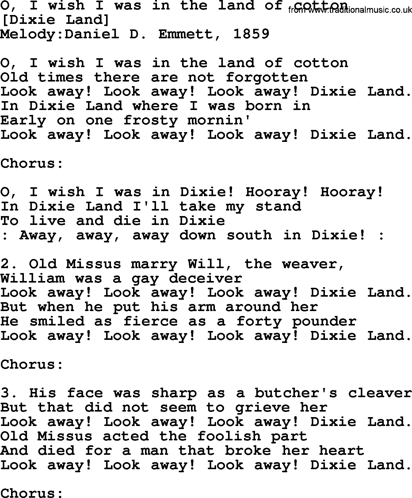 Old American Song Lyrics For O I Wish I Was In The Land Of Cotton With Pdf