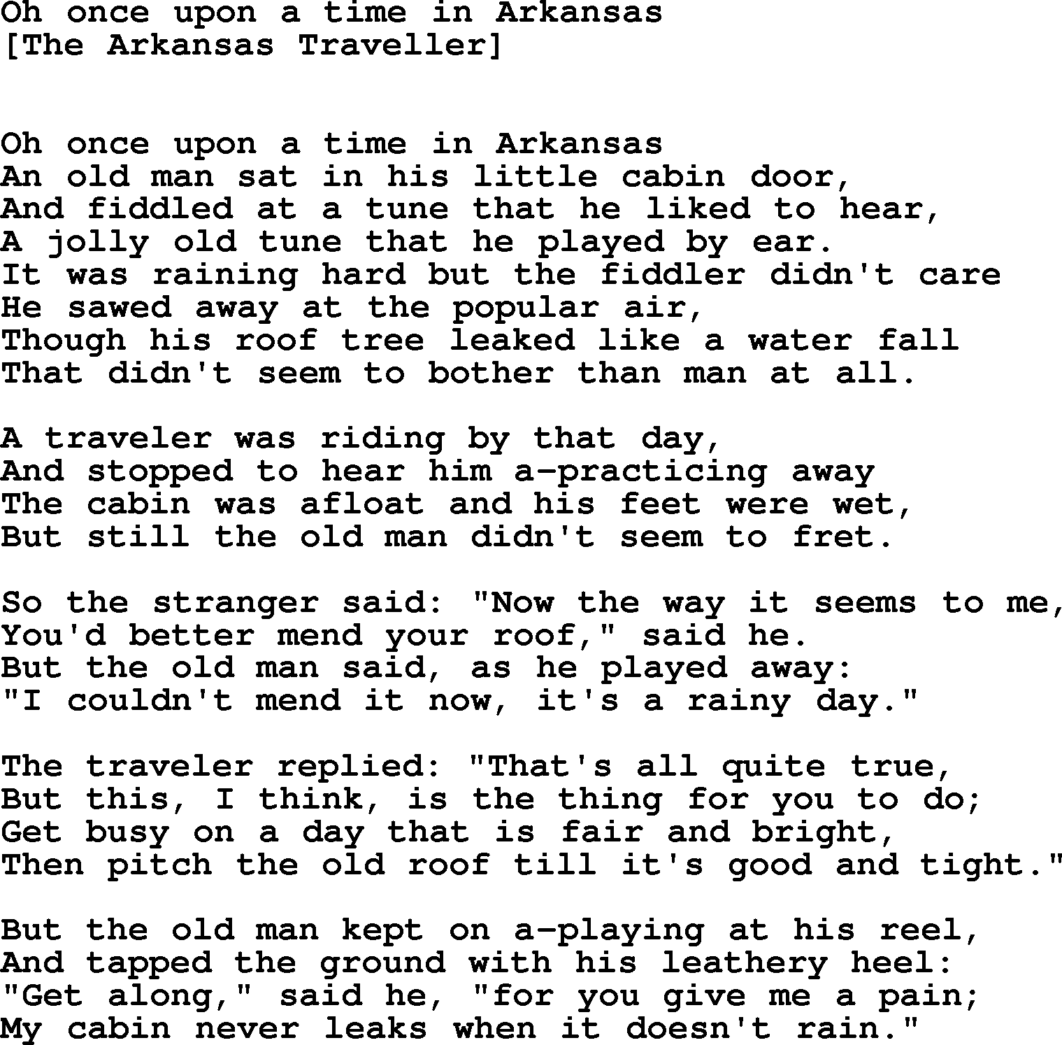 Old American Song: Oh Once Upon A Time In Arkansas, lyrics