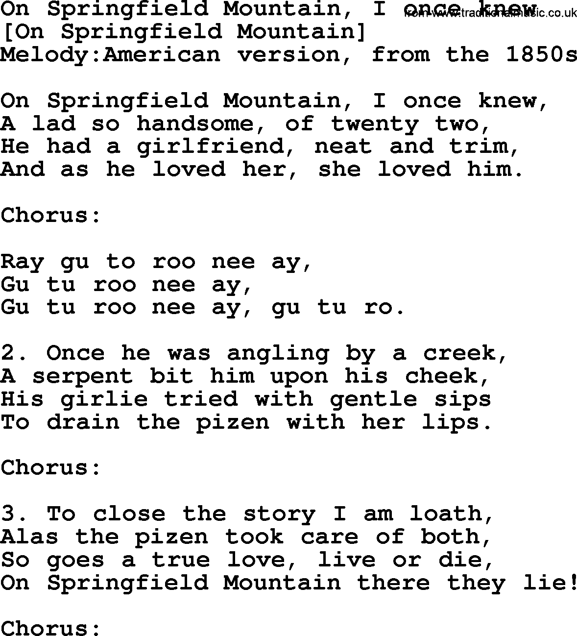 Old American Song: On Springfield Mountain, I Once Knew, lyrics