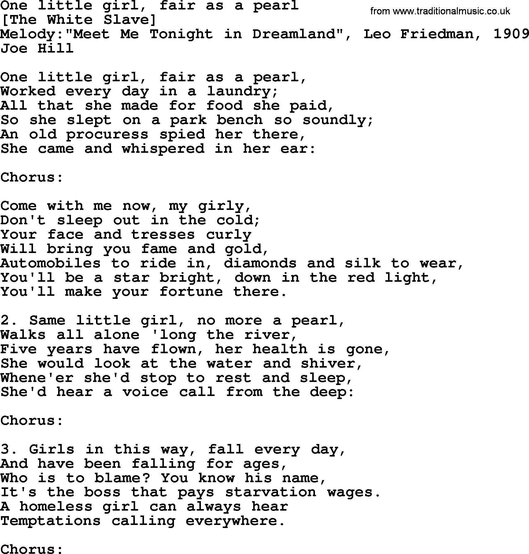 Old American Song: One Little Girl, Fair As A Pearl, lyrics