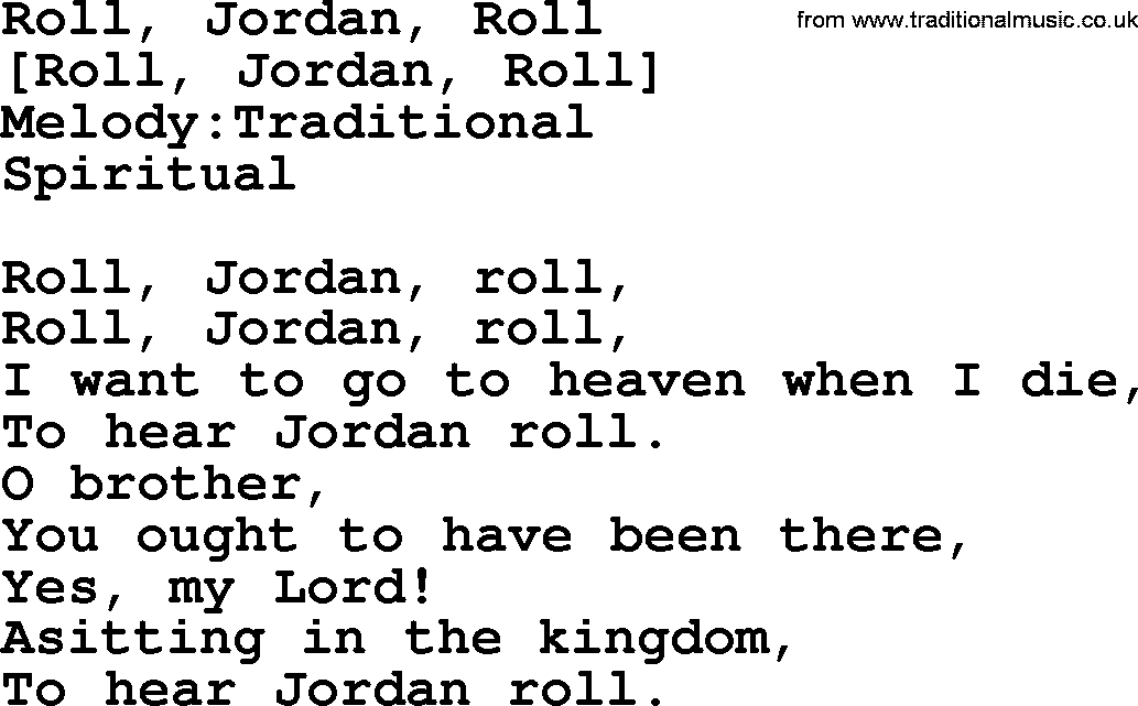 Old American Song: Roll, Jordan, Roll, lyrics