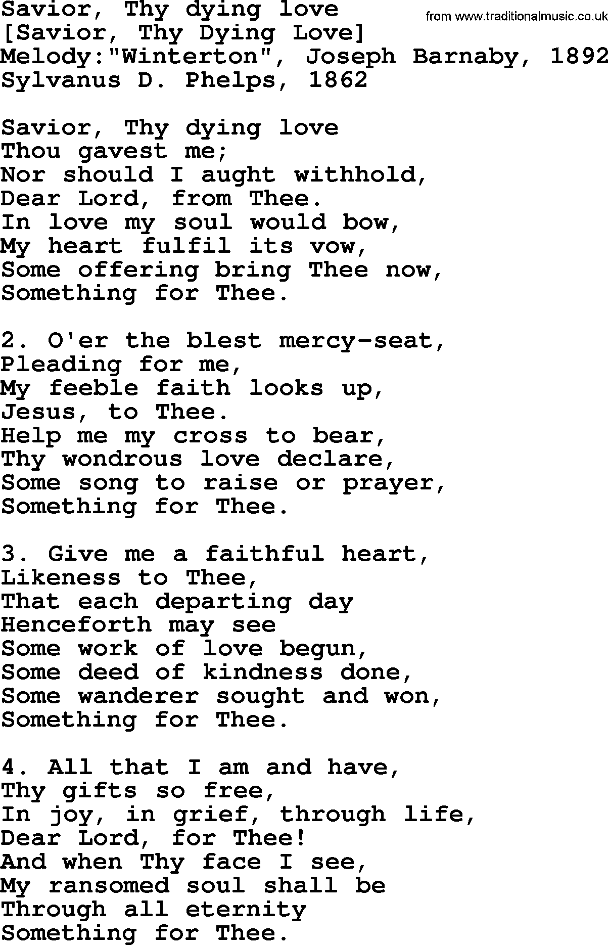 Old American Song: Savior, Thy Dying Love, lyrics
