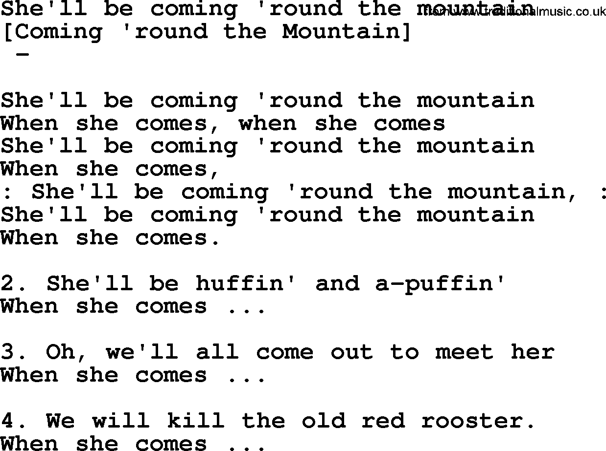 Old American Song: She'll Be Coming 'round The Mountain, lyrics