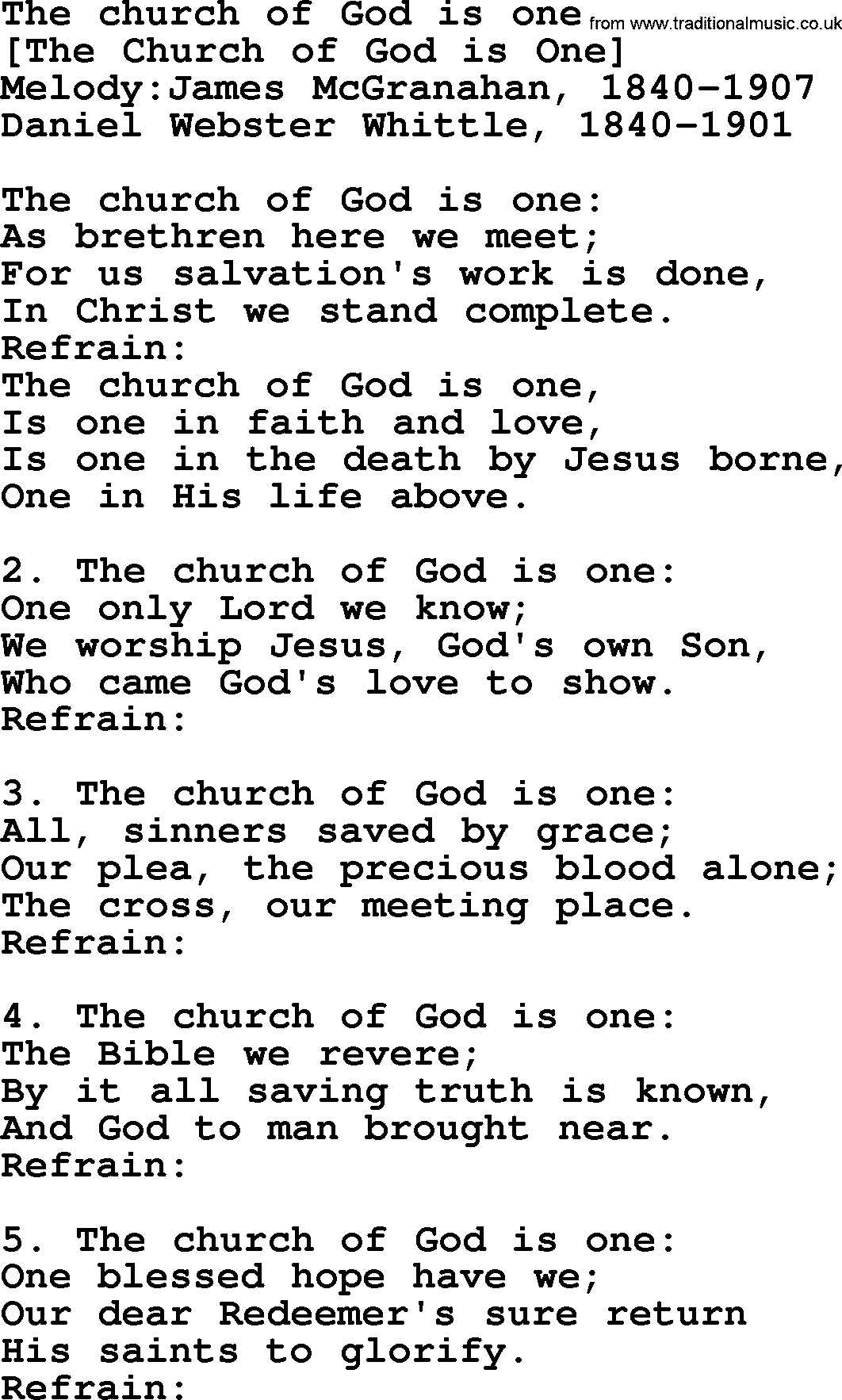 Old American Song: The Church Of God Is One, lyrics