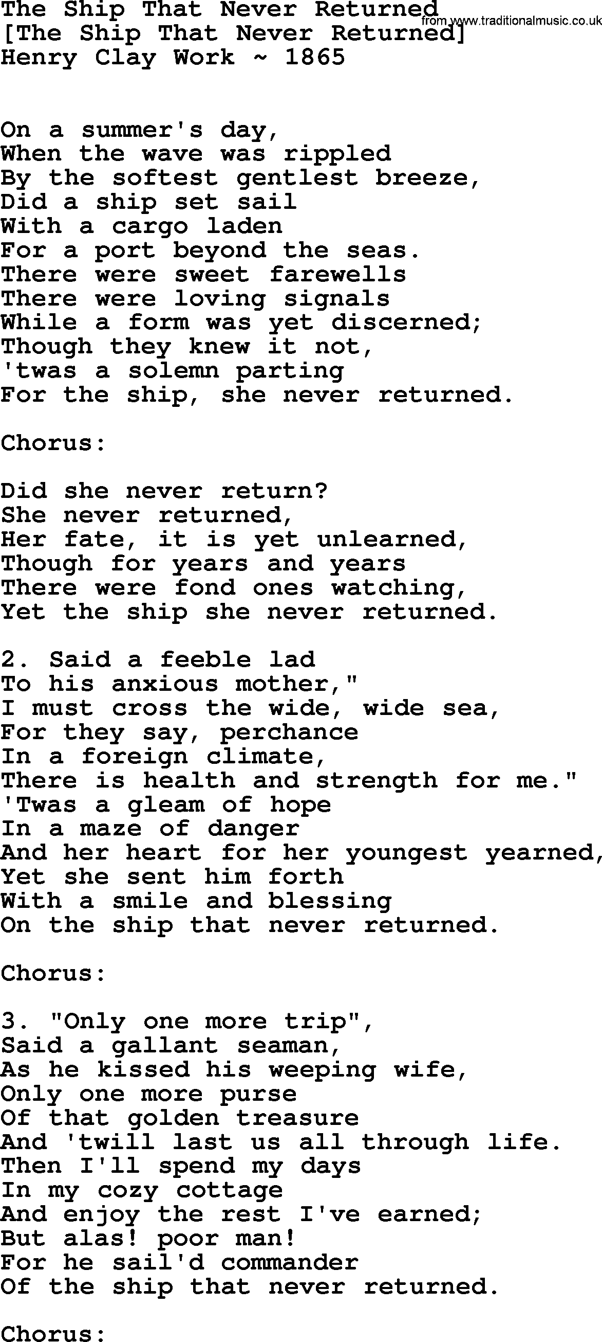 Old American Song: The Ship That Never Returned, lyrics