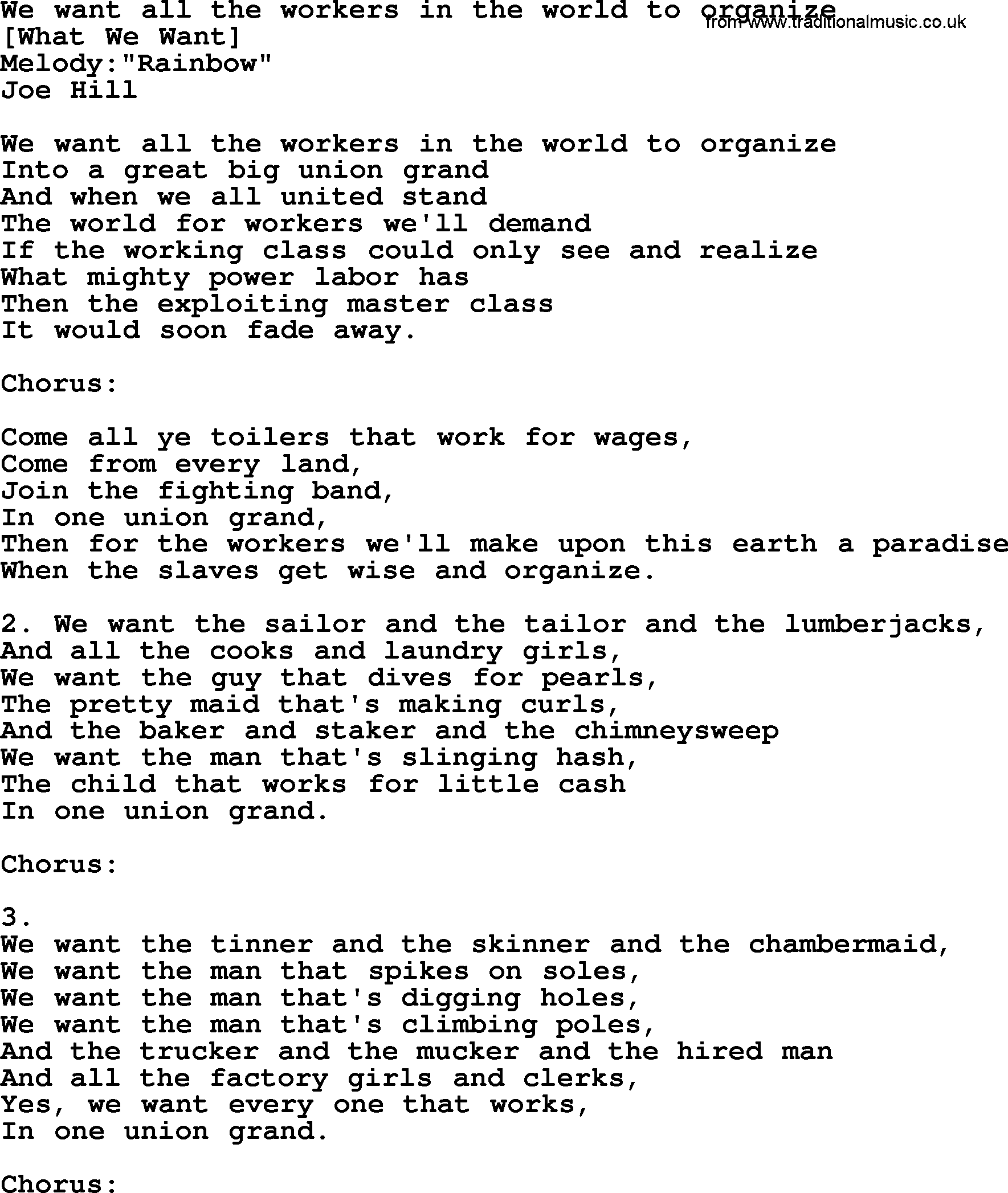 Old American Song: We Want All The Workers In The World To Organize, lyrics