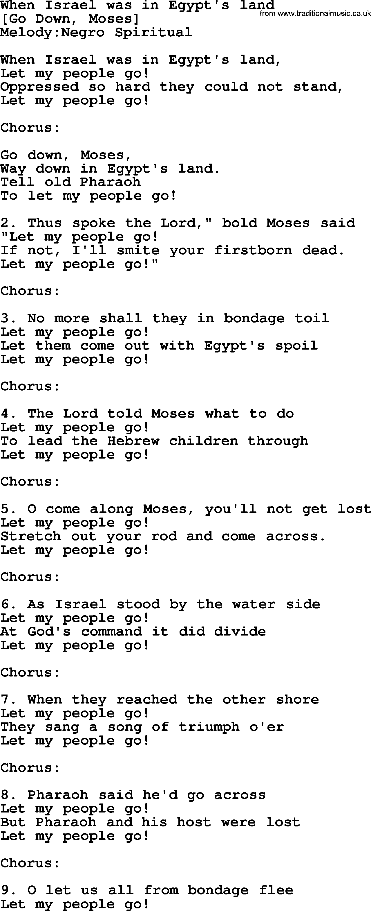 Old American Song: When Israel Was In Egypt's Land, lyrics
