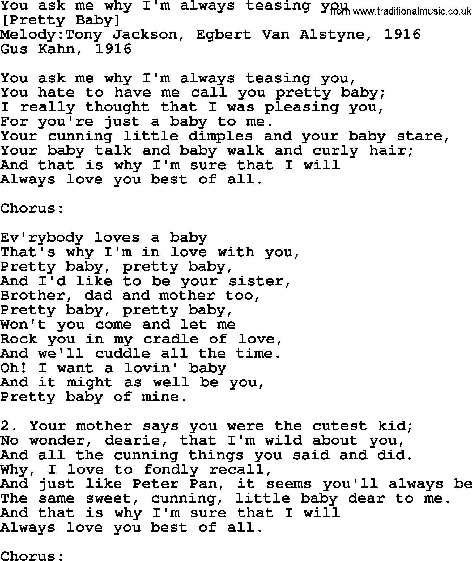 Old American Song: You Ask Me Why I'm Always Teasing You, lyrics