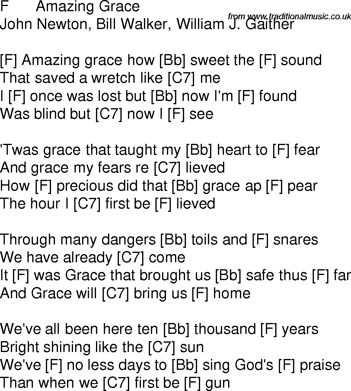 Old time song lyrics with chords for Amazing Grace C