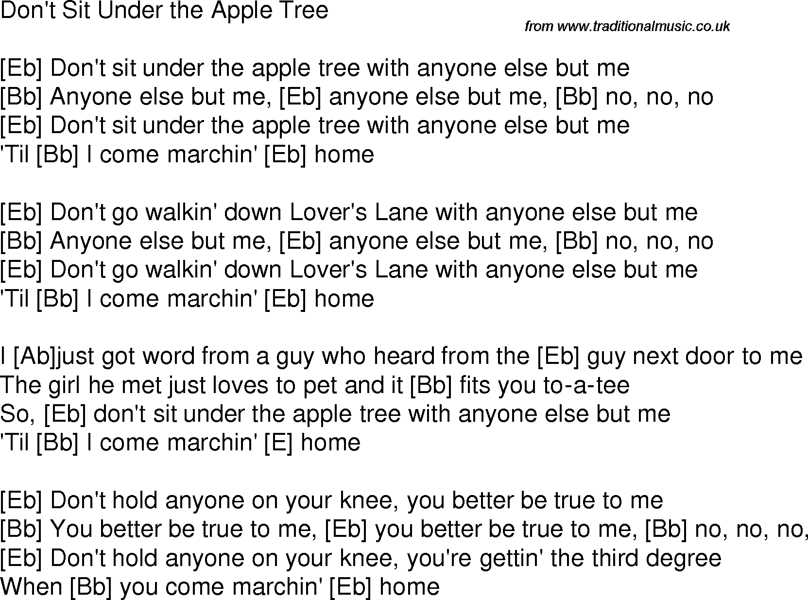 Old Time Song Lyrics With Guitar Chords For Dont Sit Under The Apple Tree Eb 8801