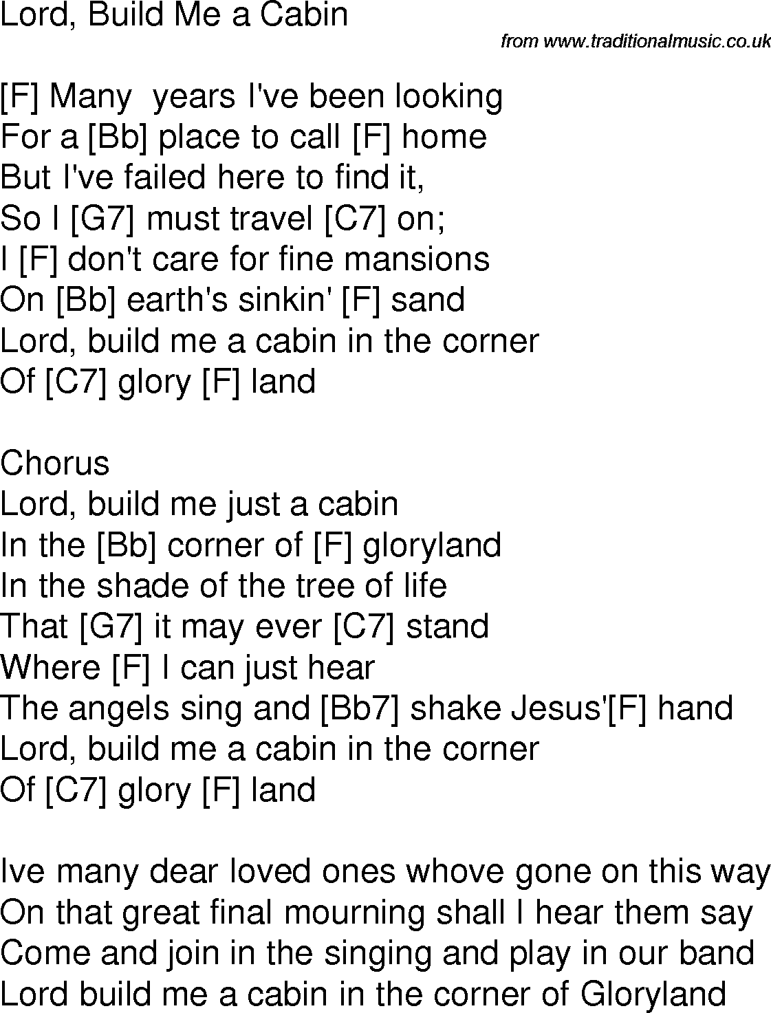 Old time song lyrics with chords for Lord, Build Me A Cabin F