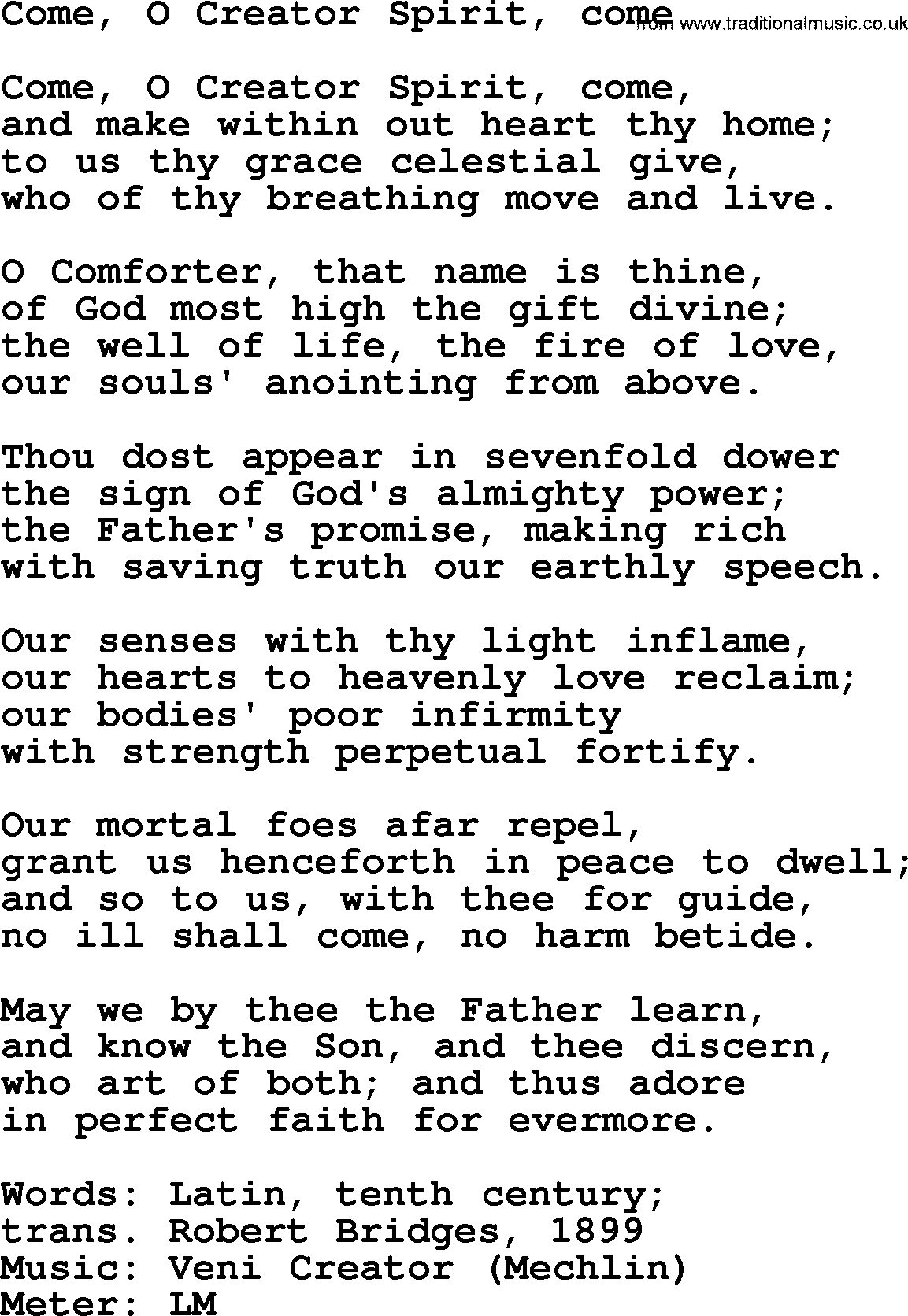 Pentacost Hymns, Hymn: Come, O Creator Spirit, Come, lyrics with PDF