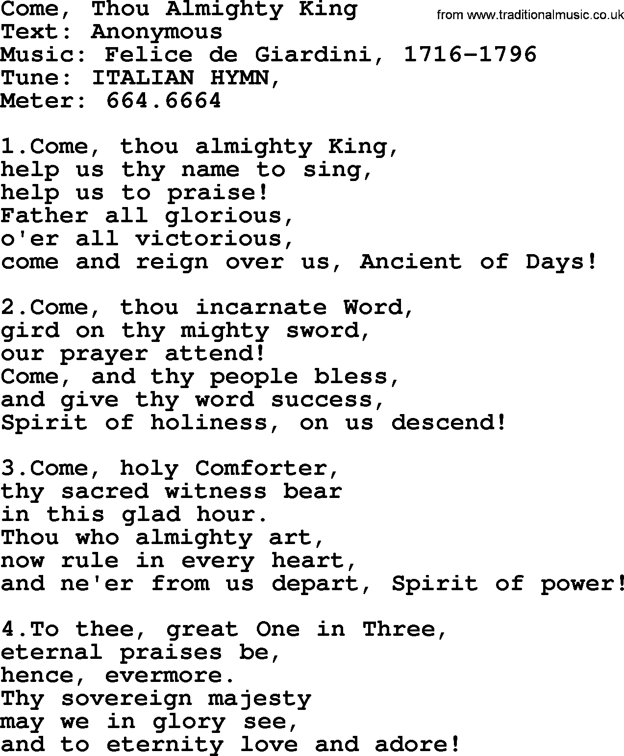 Pentacost Hymns, Hymn: Come, Thou Almighty King, lyrics with PDF