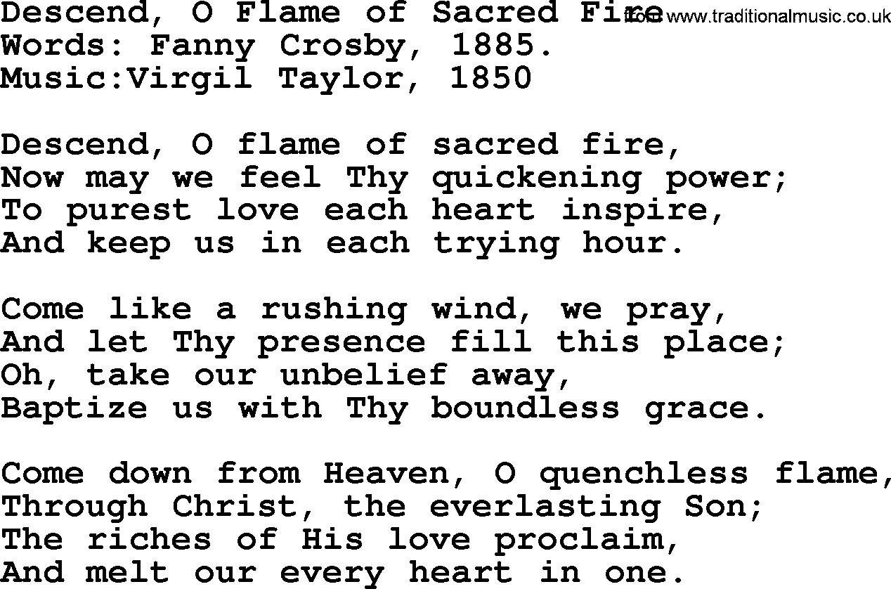 Pentecost Hymns, Song Descend, O Flame Of Sacred Fire lyrics and PDF