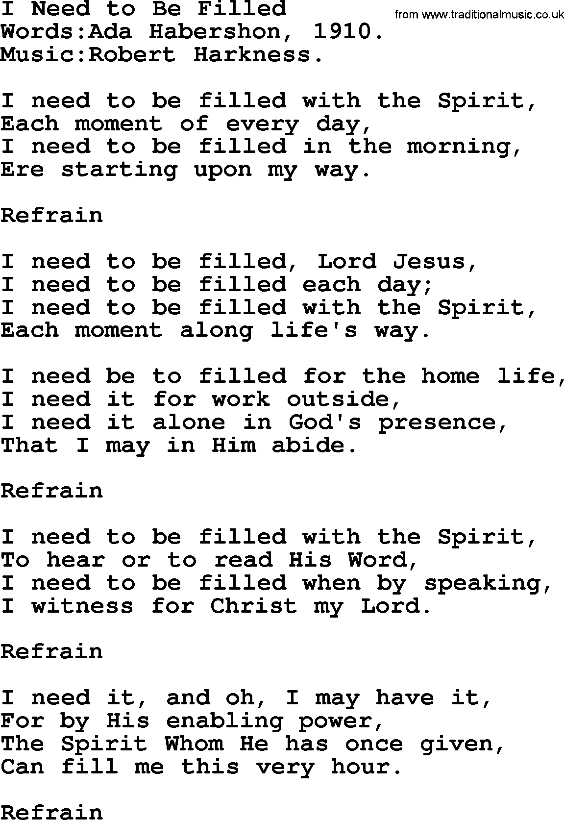 Pentacost Hymns, Hymn: I Need To Be Filled, lyrics with PDF
