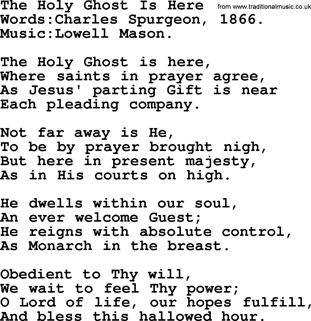 Pentacost Hymns, Hymn: The Holy Ghost Is Here, lyrics with PDF