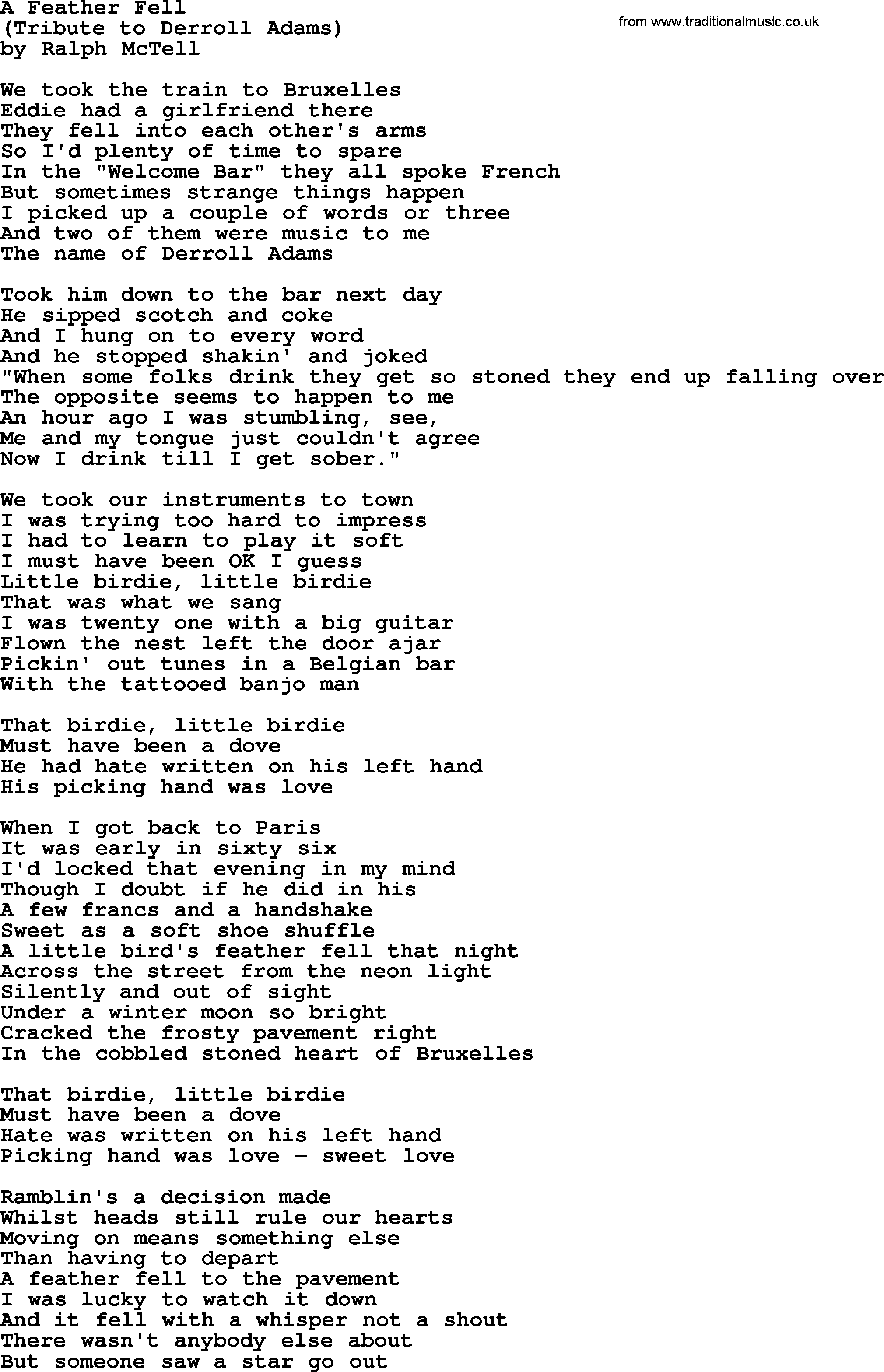Ralph McTell Song: A Feather Fell, lyrics