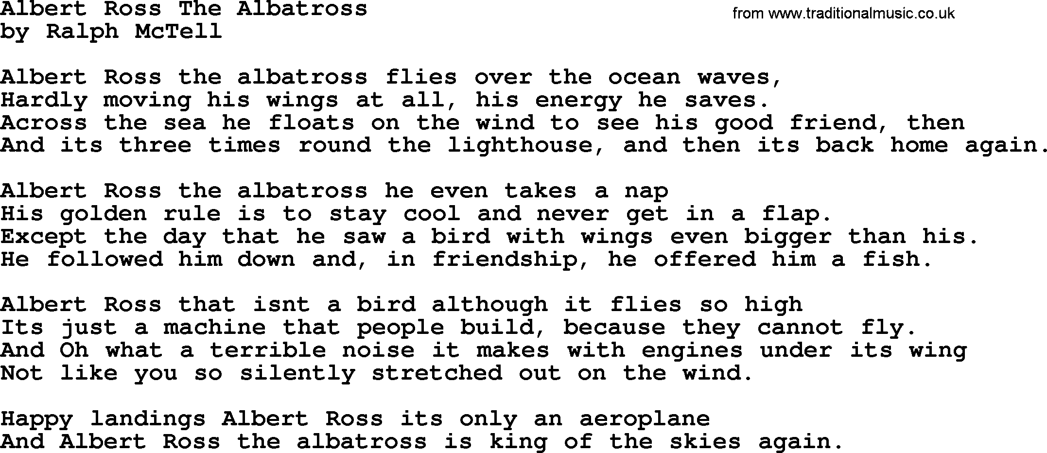 Ralph McTell Song: Albert Ross The Albatross, lyrics