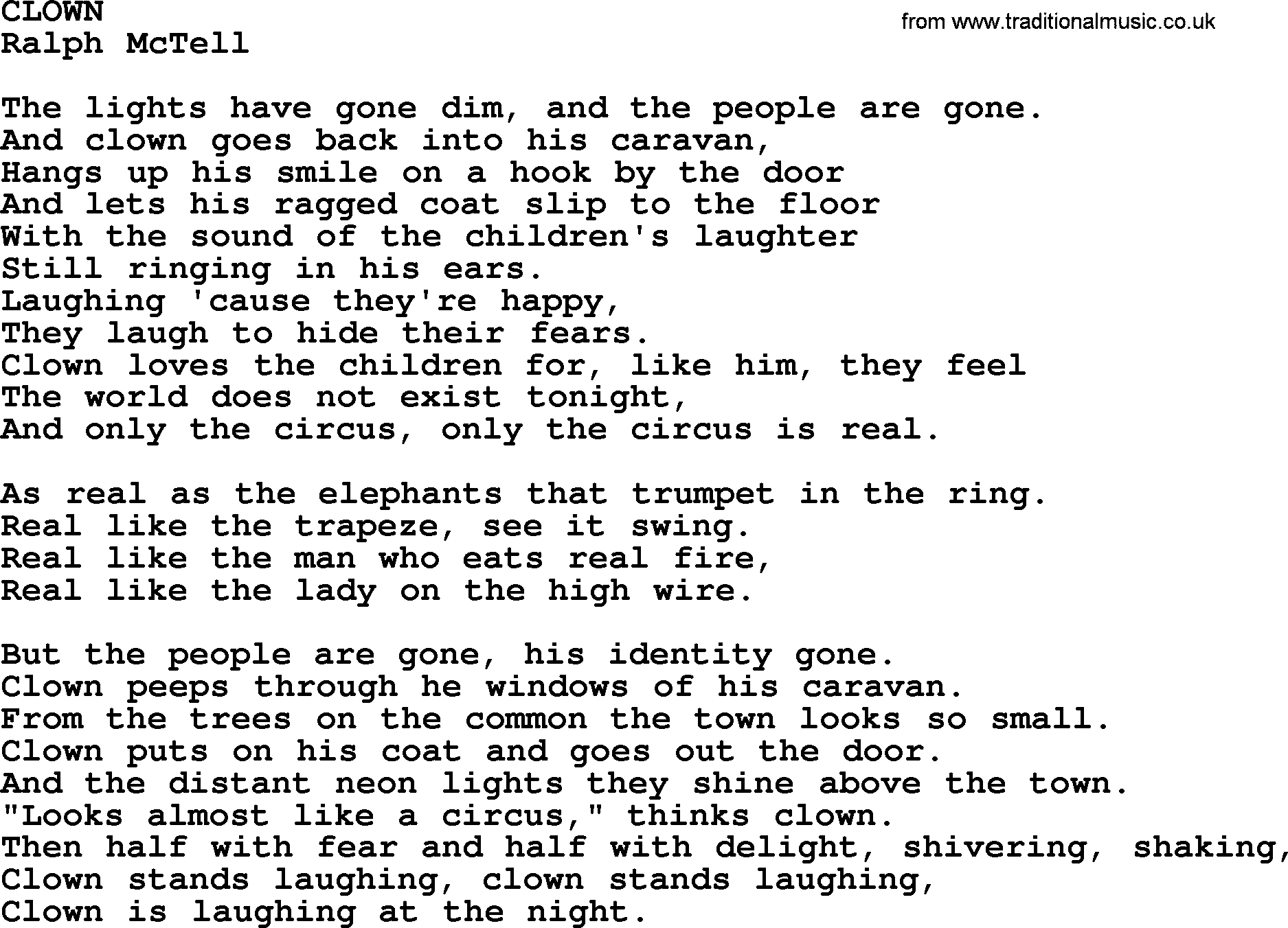 Ralph McTell Song: Clown, lyrics