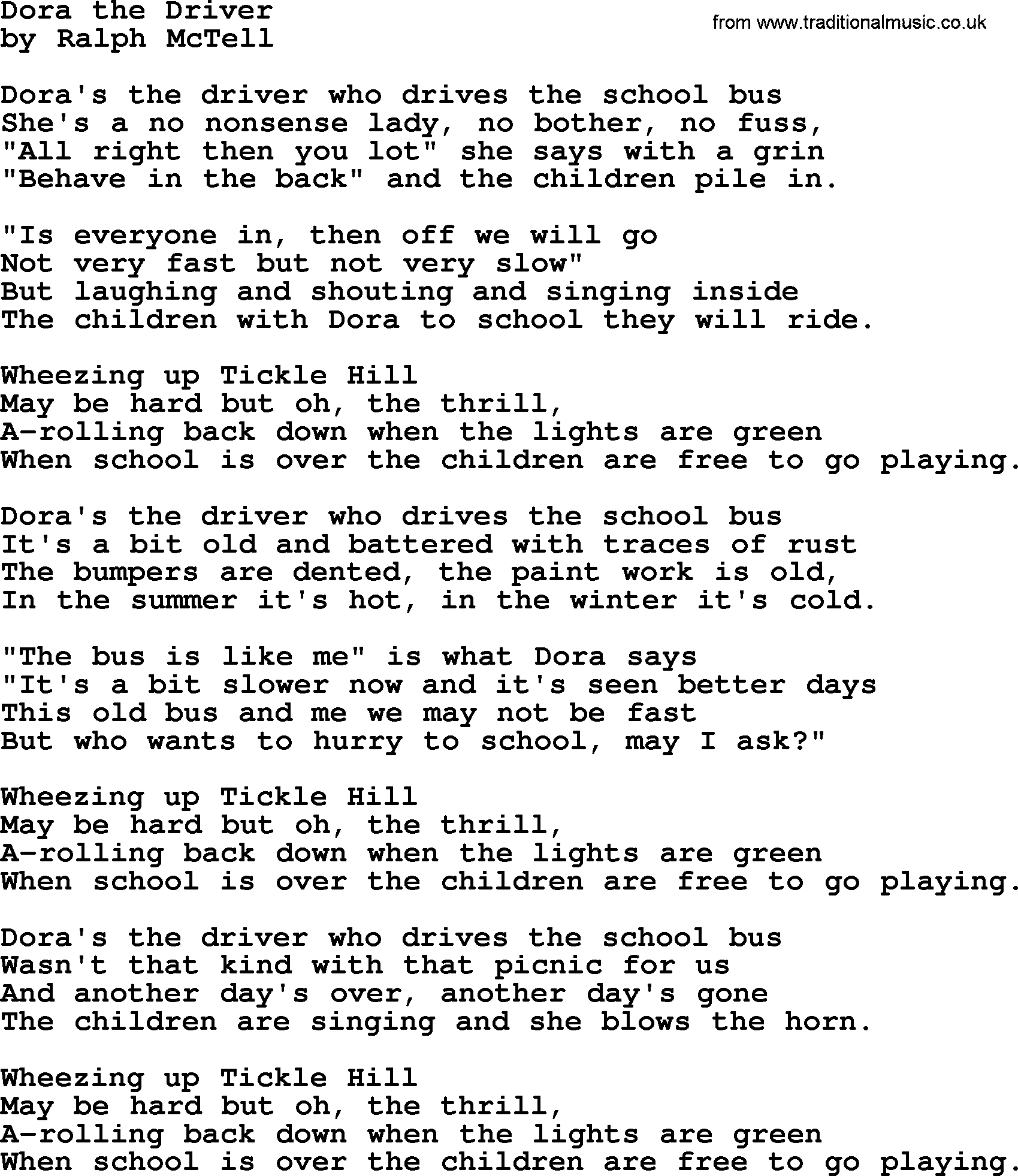 Ralph McTell Song: Dora The Driver, lyrics