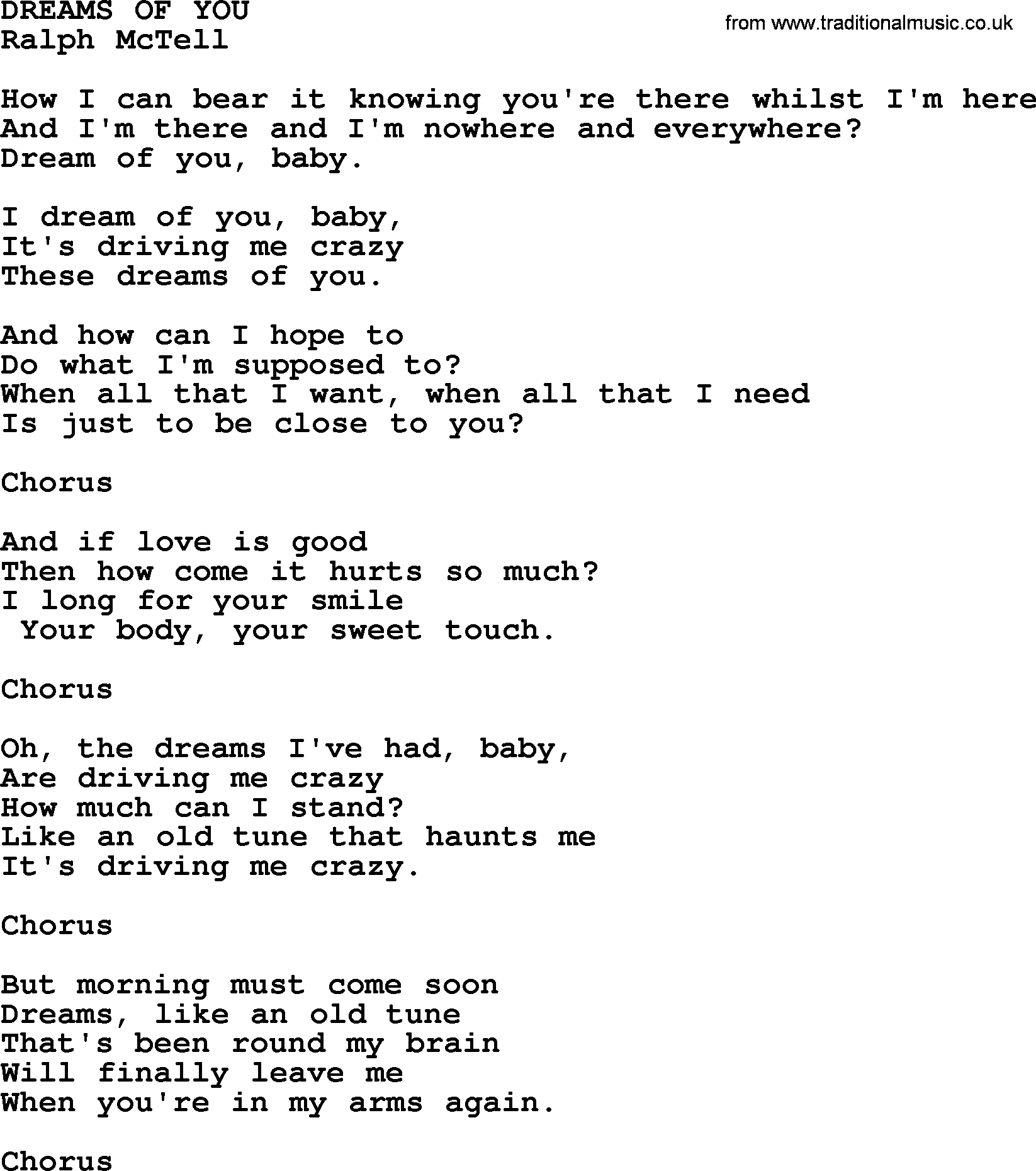 Ralph McTell Song: Dreams Of You, lyrics