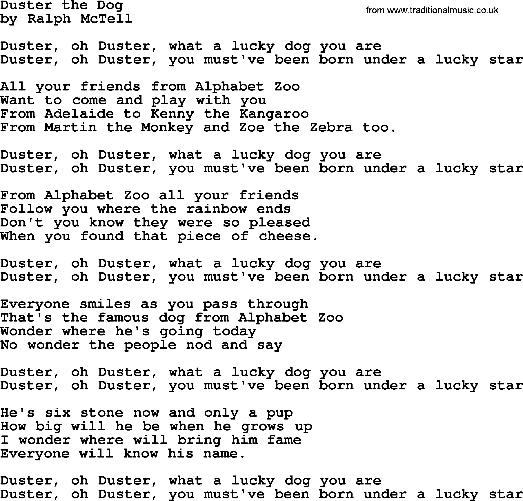 Ralph McTell Song: Duster The Dog, lyrics