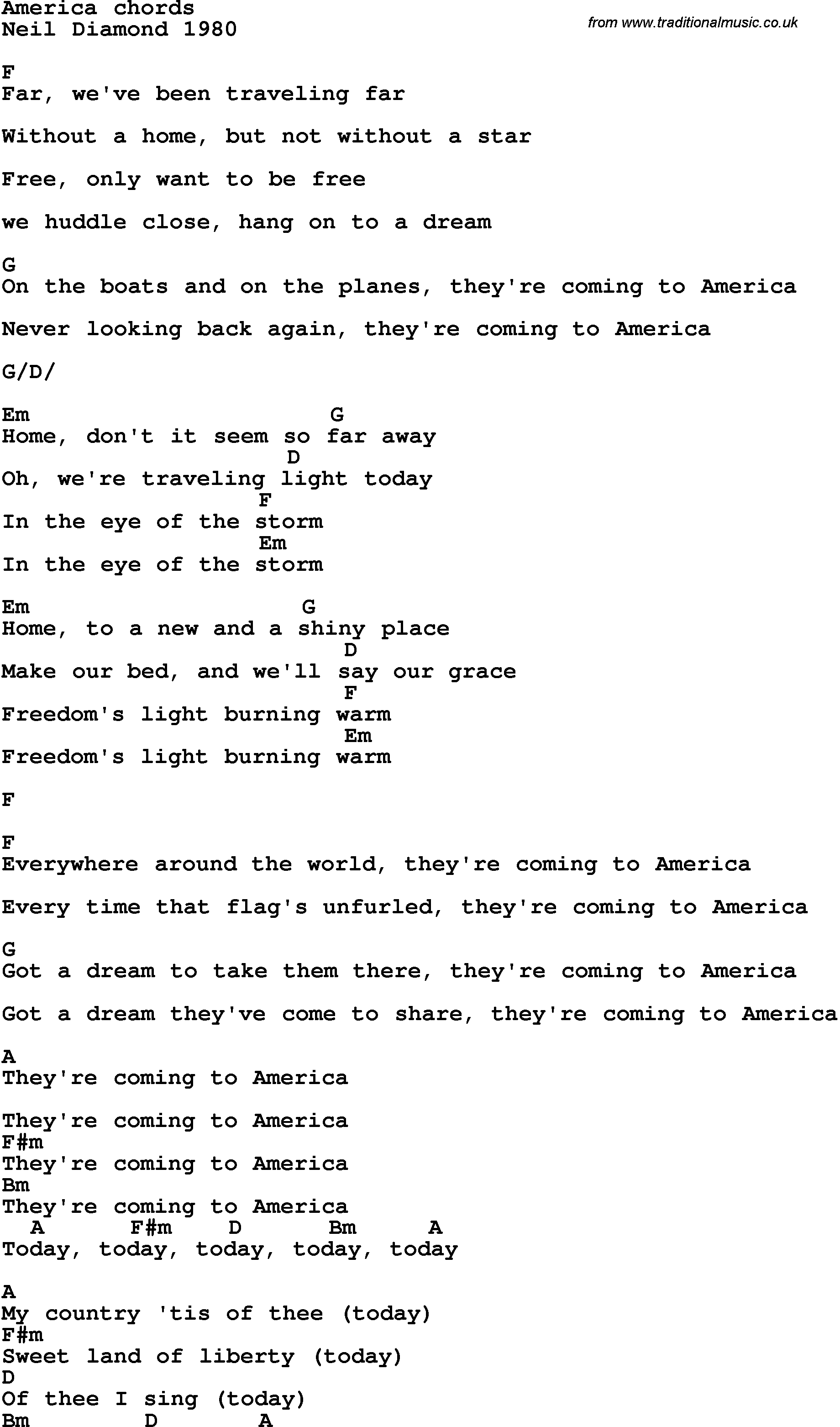Song Lyrics with guitar chords for America - Neil Diamond 1980