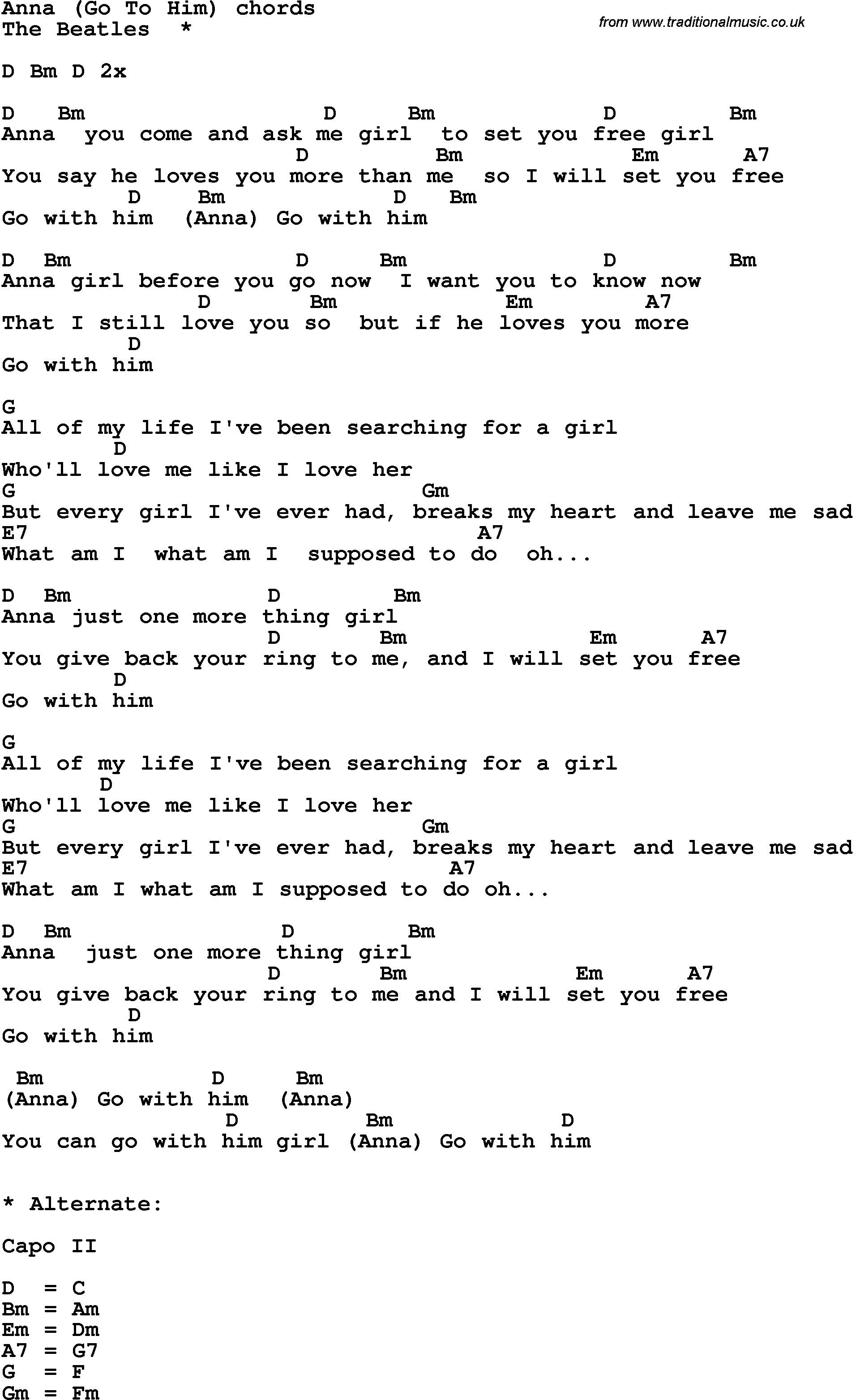 Song Lyrics with guitar chords for Anna - The Beatles