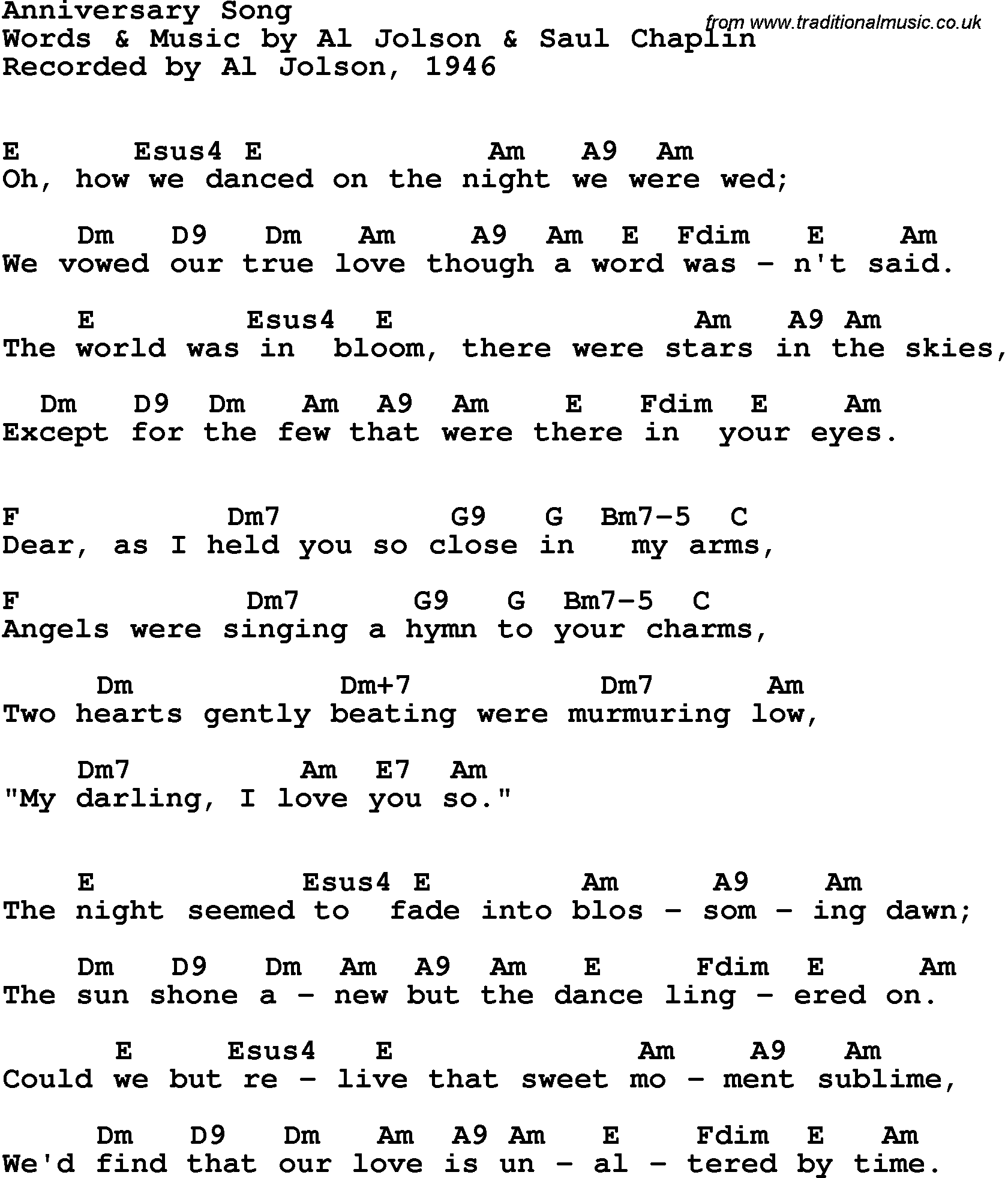 Song Lyrics with guitar chords for Anniversary Song - Al Jolson, 1946