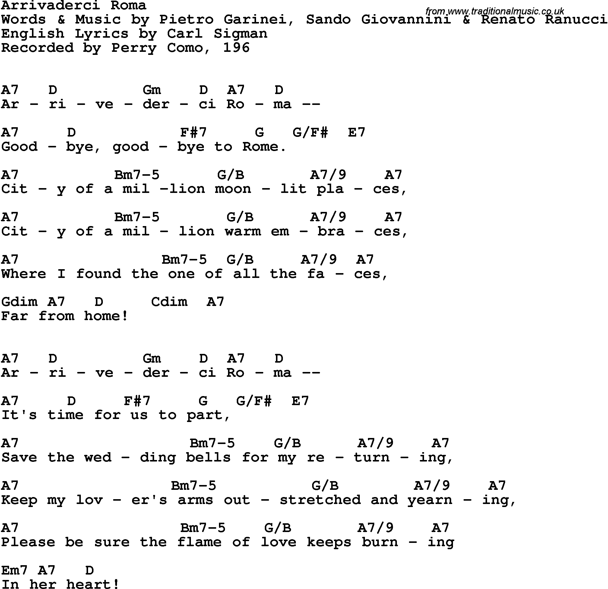 Song Lyrics with guitar chords for Arrivederci Roma - Perry Como, 1966