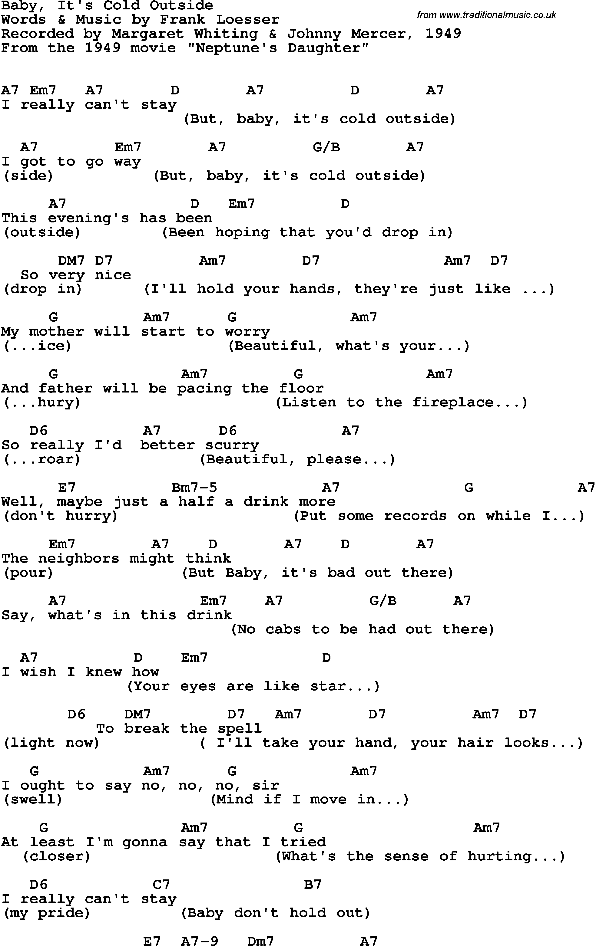 Song lyrics with guitar chords for Baby It's Cold Outside Margaret