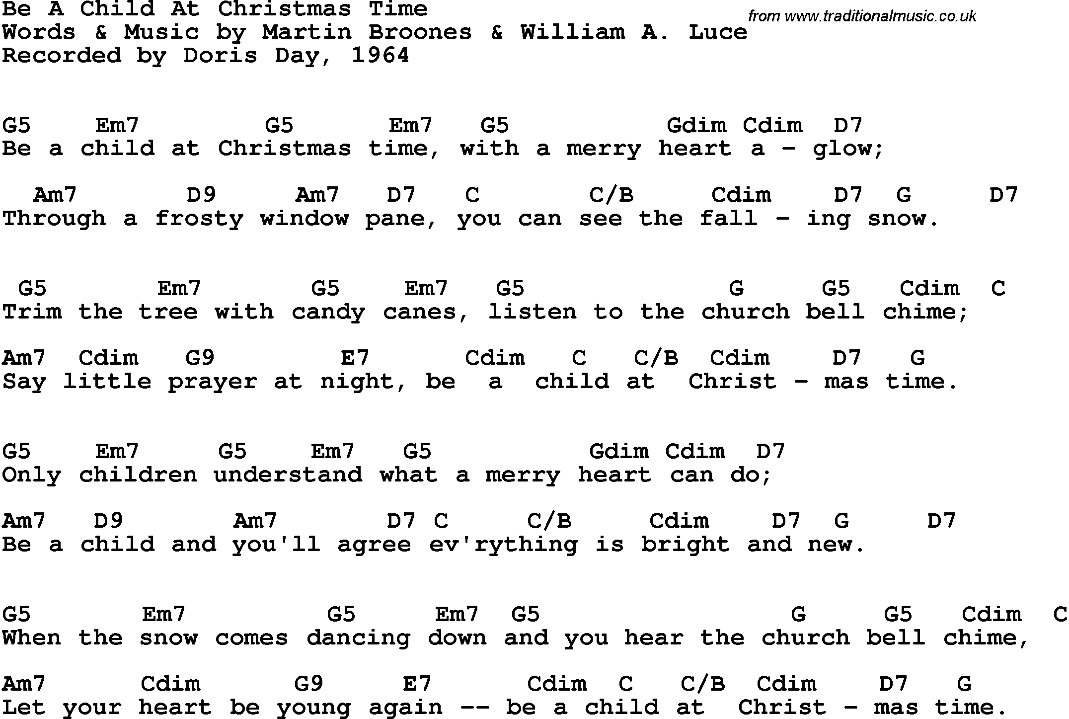 Song Lyrics with guitar chords for Be A Child At Christmas Time - Doris Day, 1964