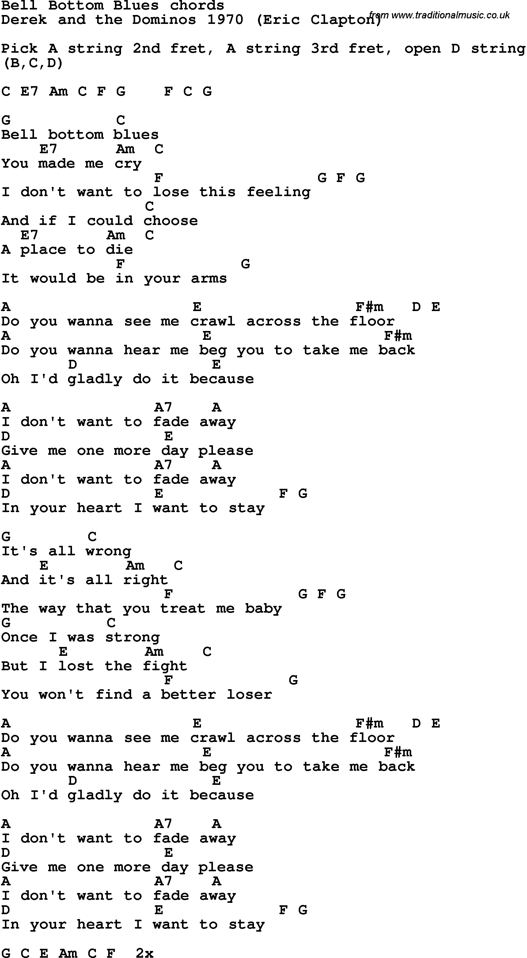 Song Lyrics with guitar chords for Bell Bottom Blues
