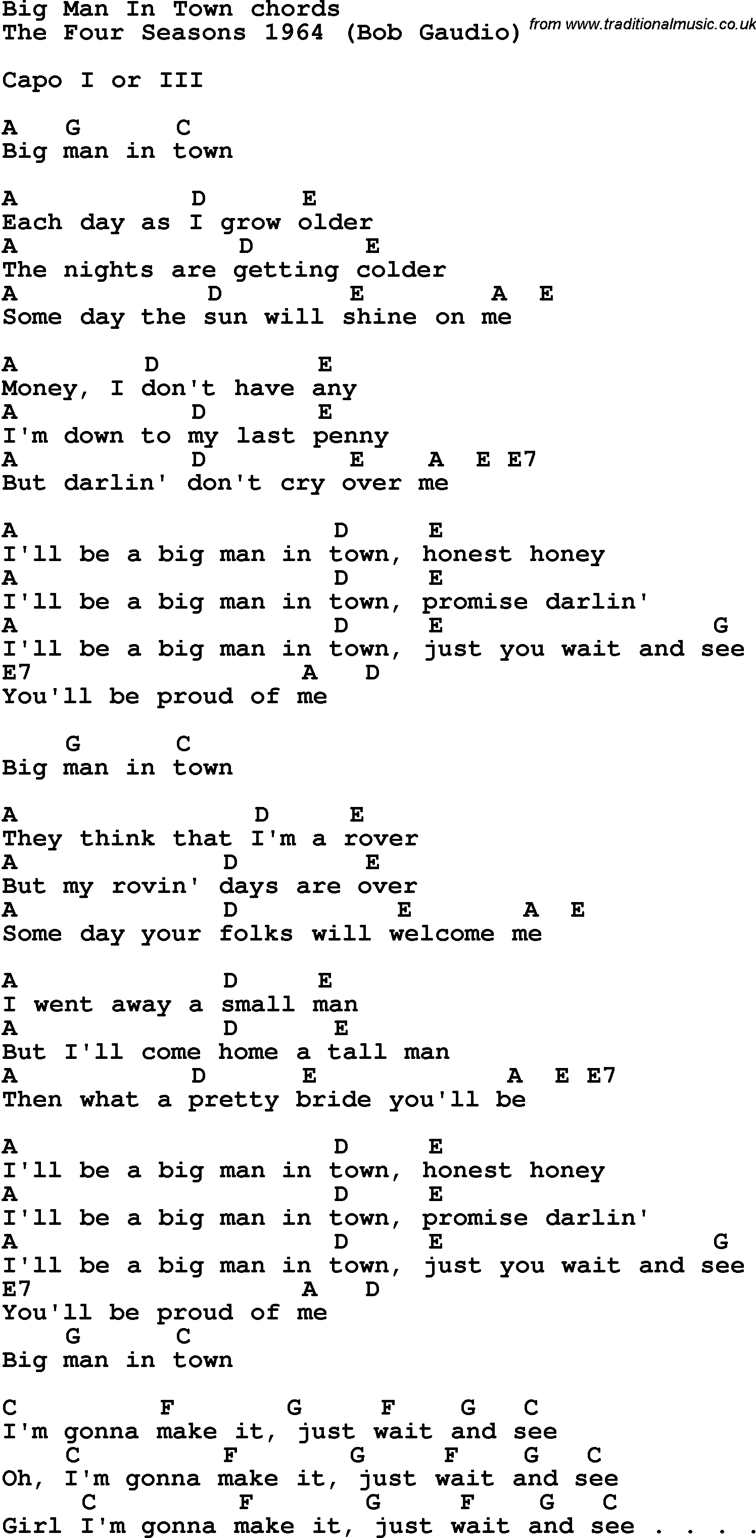 Song Lyrics with guitar chords for Big Man In Town