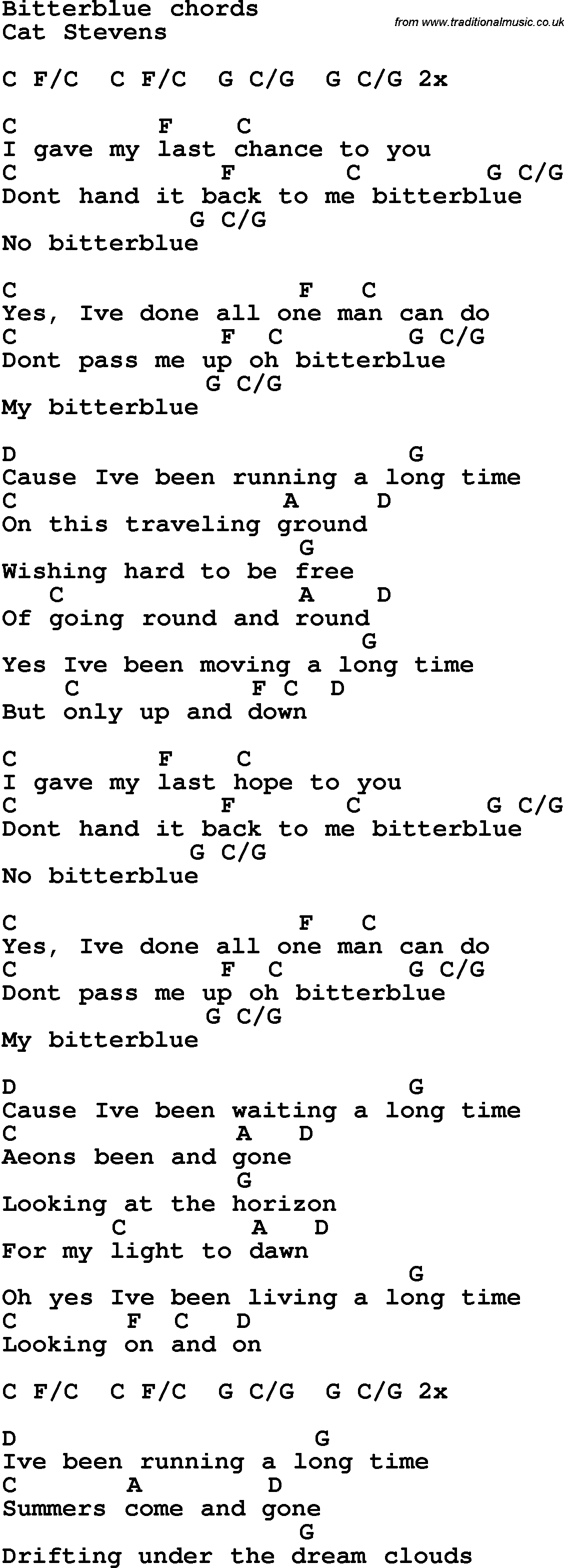 Song Lyrics with guitar chords for Bitter Blue